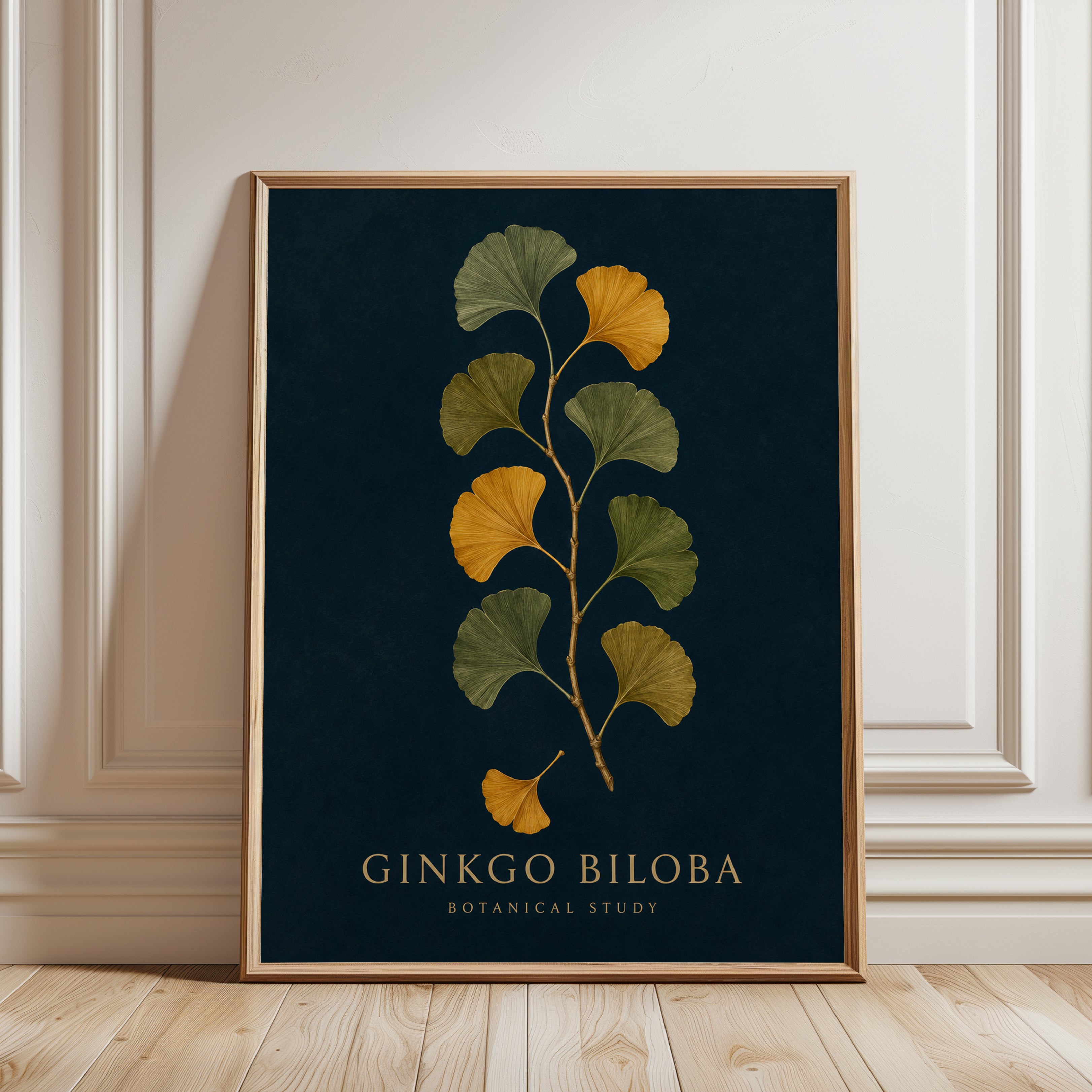 Ginkgo Botanical Print – Dark Botanical Wall Art - framed detail