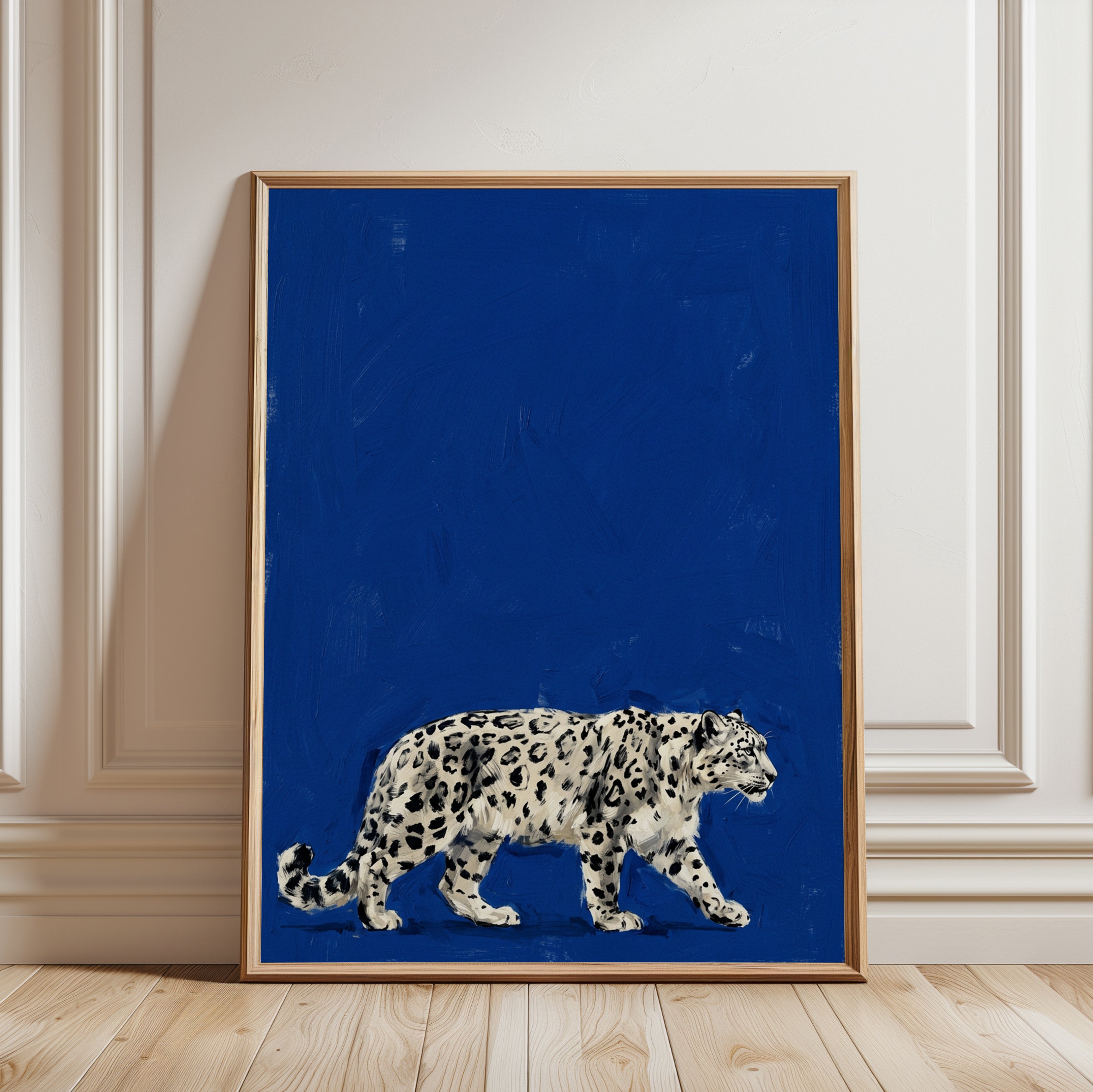 Snow Leopard Art Print: Contemporary Wildlife on Deep Blue - framed detail