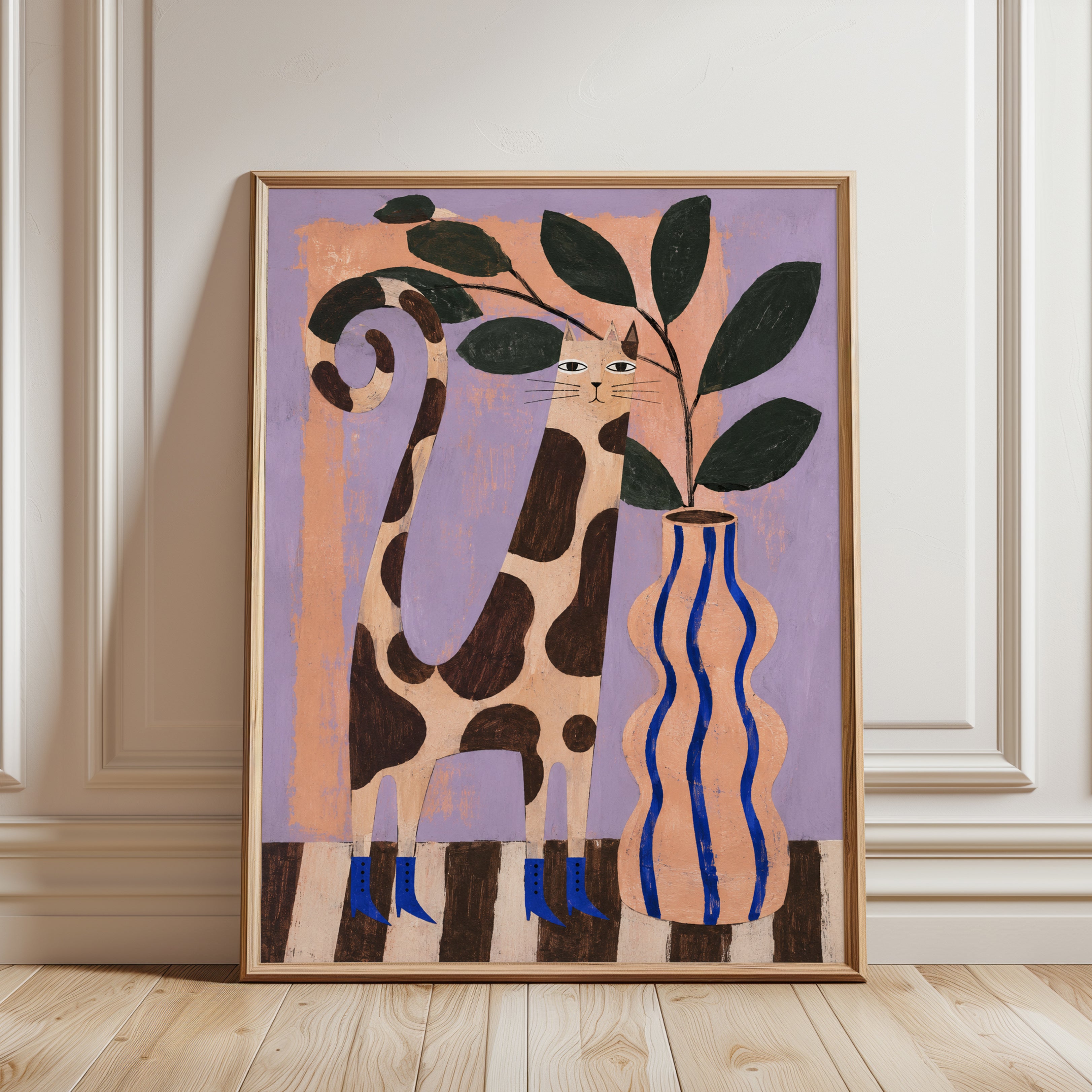 Spotted Cat with Plant Vase: Folk Art Style Wall Art - framed detail