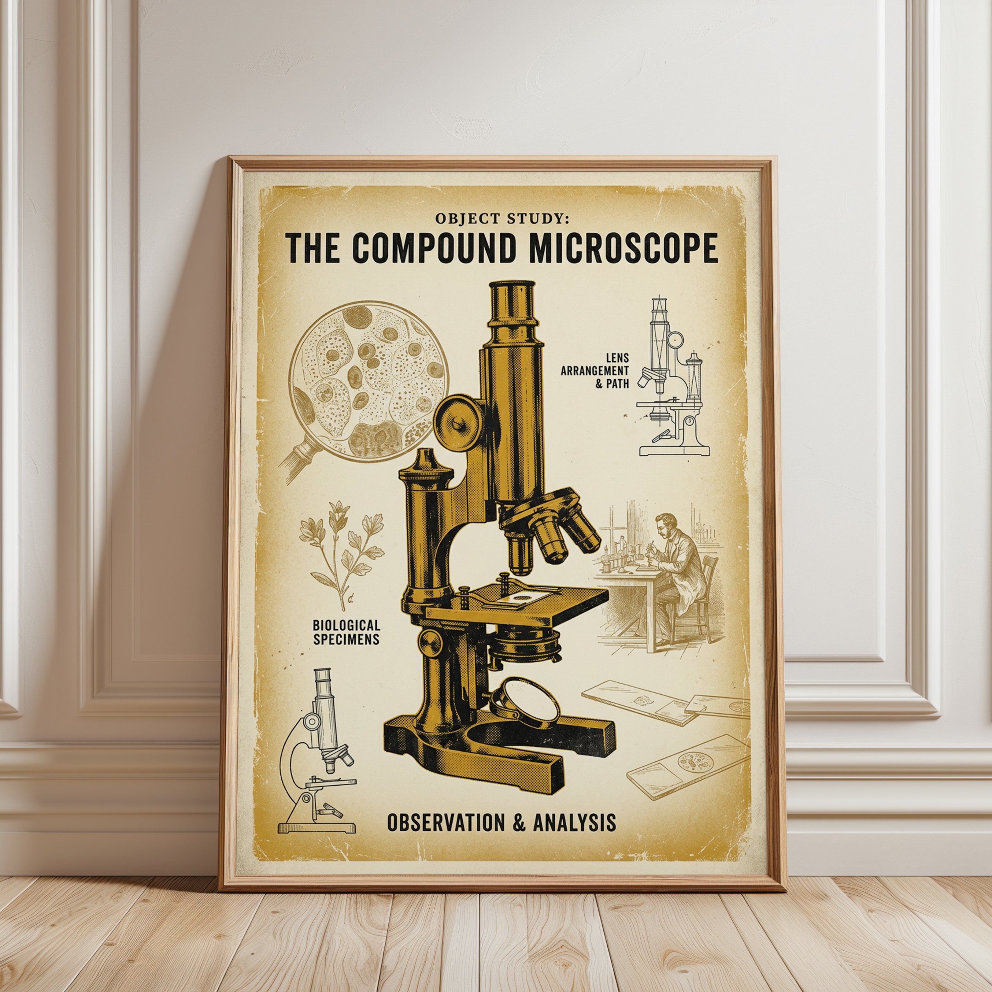 Vintage Compound Microscope Poster: Scientific Illustration Art - framed detail