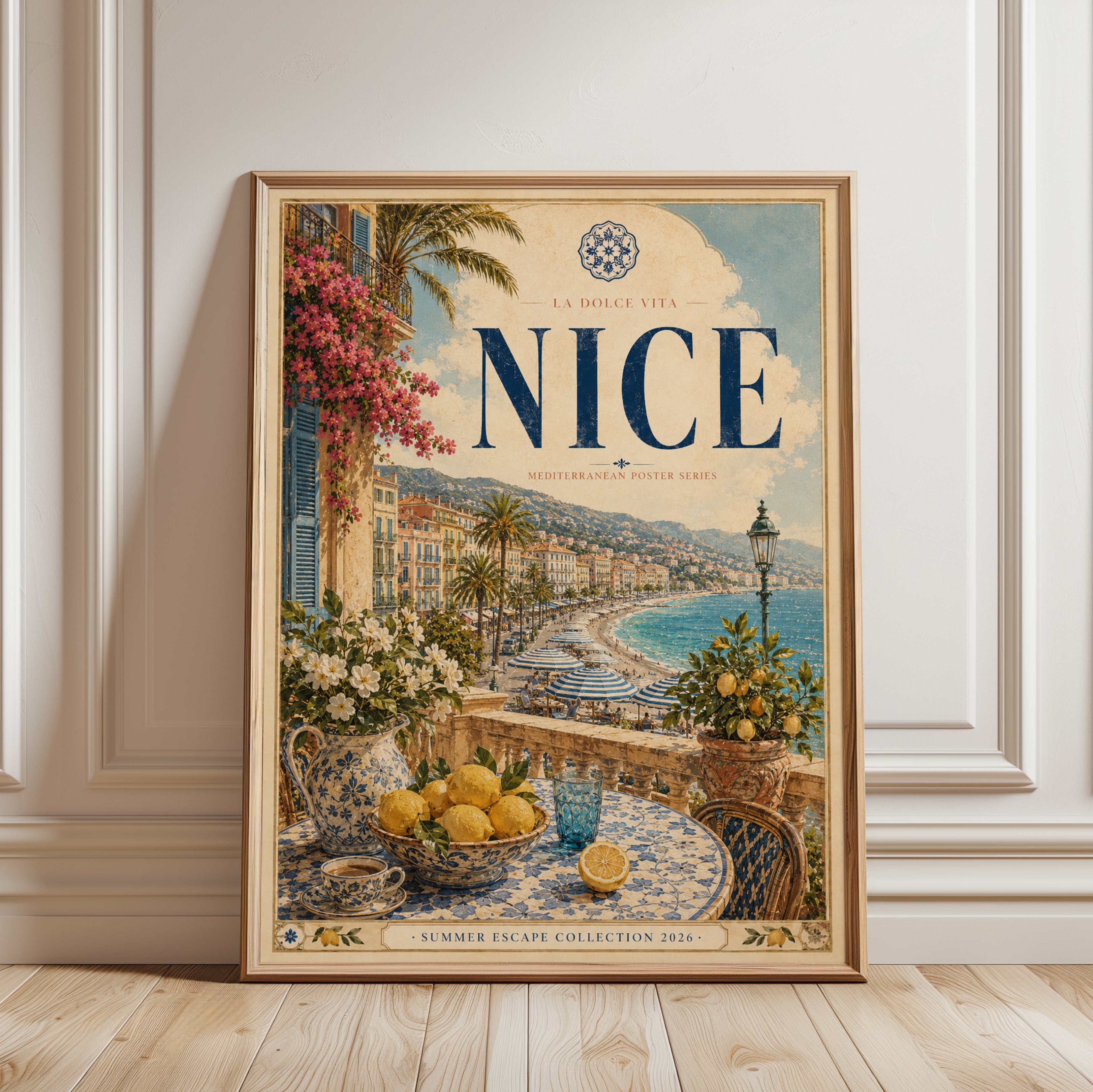 Nice France Travel Poster — Vintage Mediterranean Coastal Print - framed detail