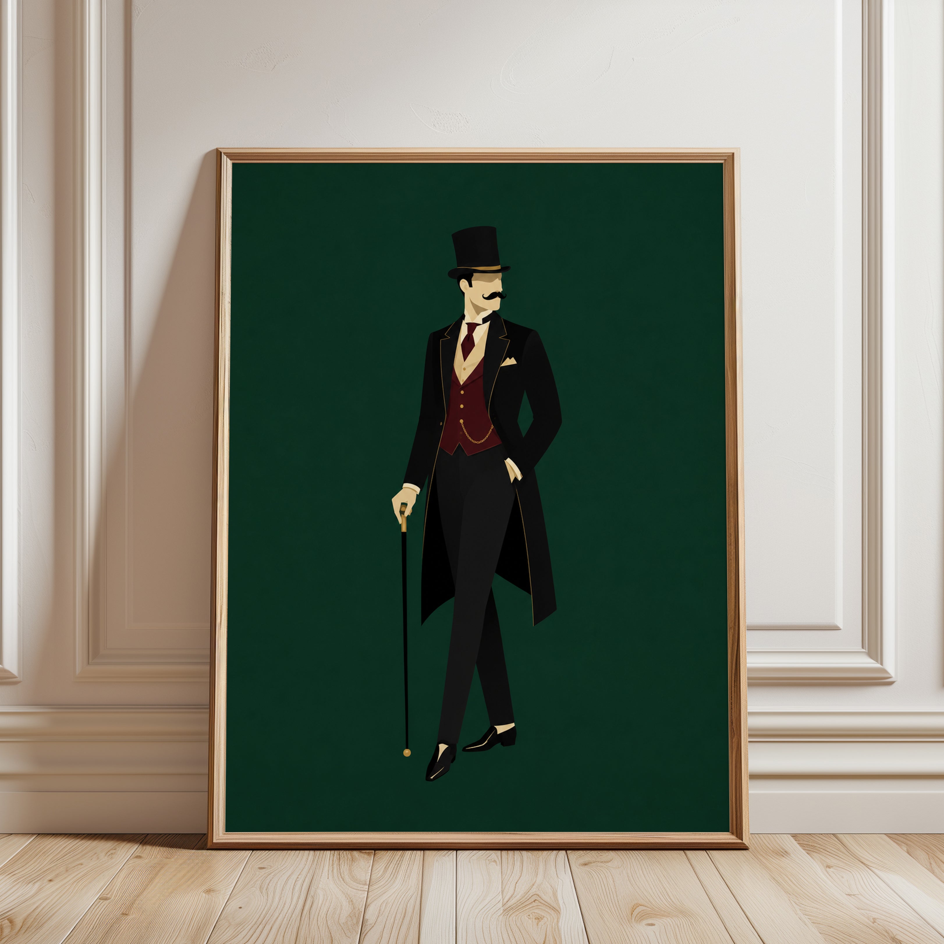Victorian Gentleman Art Print: Minimalist Figure on Green - framed detail
