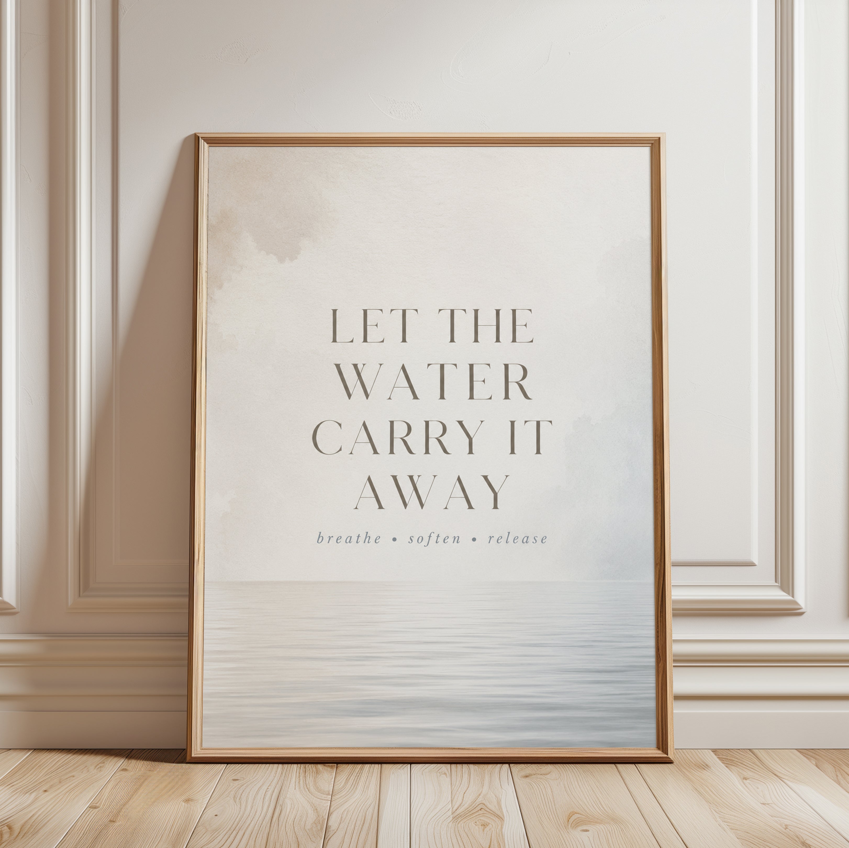 Let The Water Carry It Away Print: Minimalist Coastal Typography - framed detail