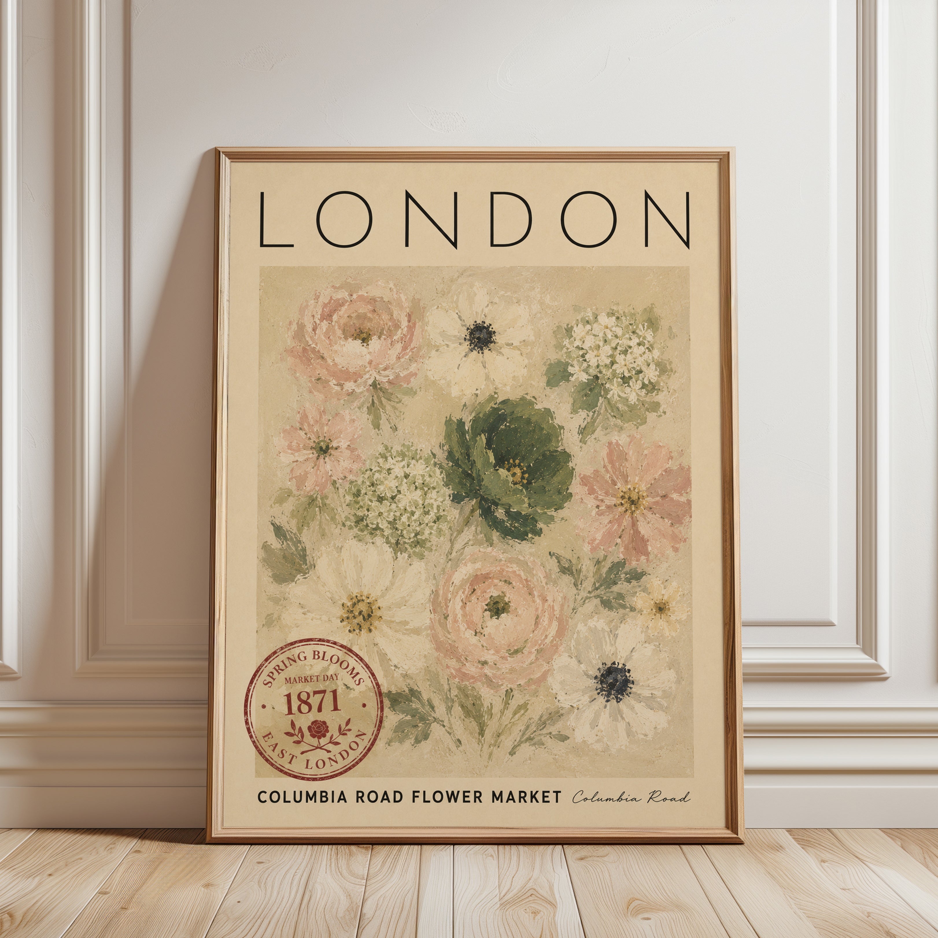 London Floral Poster – Vintage Travel Print - framed detail