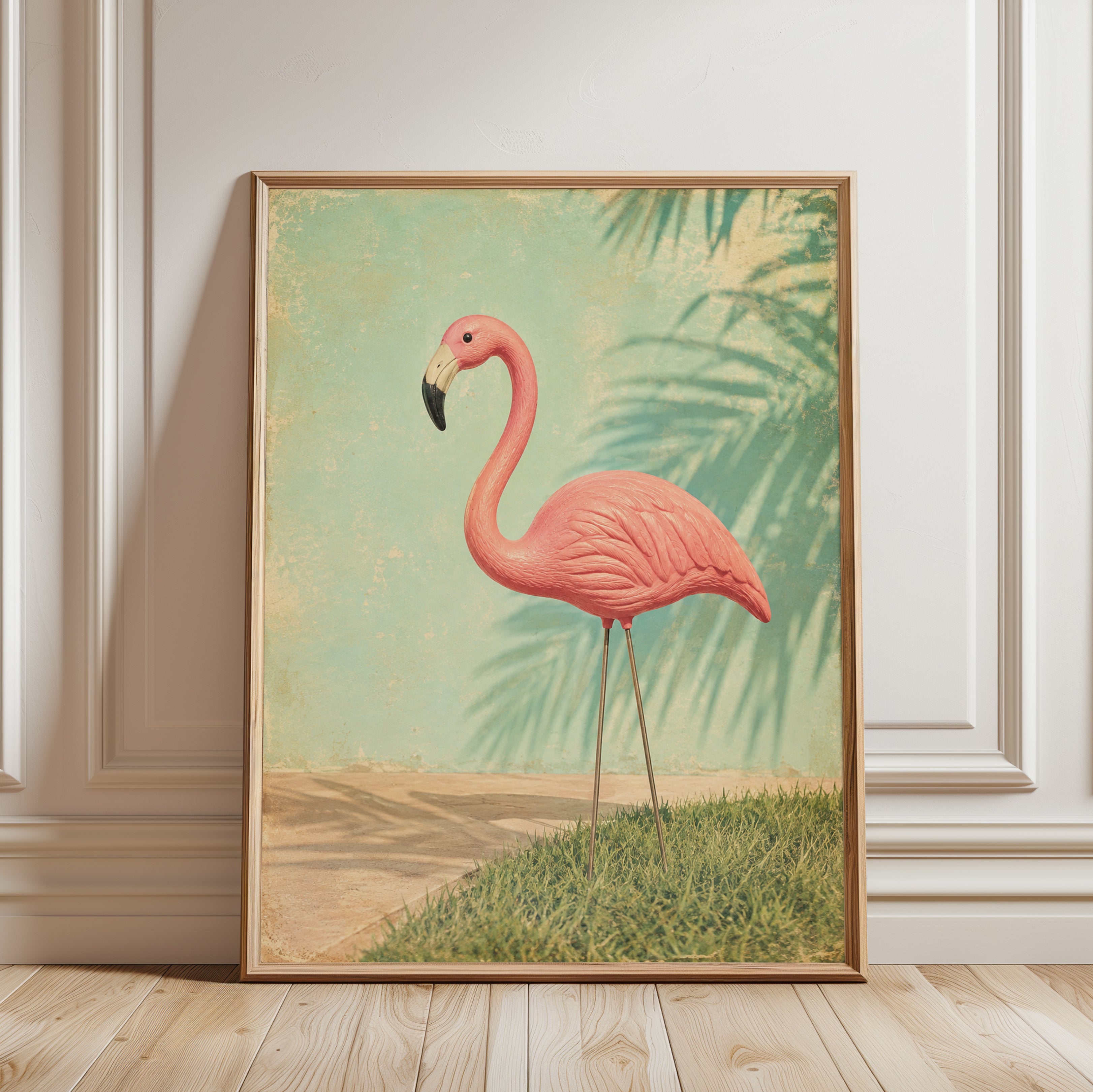 Vintage Flamingo Art Print: Retro Pink Tropical Wall Art - framed detail