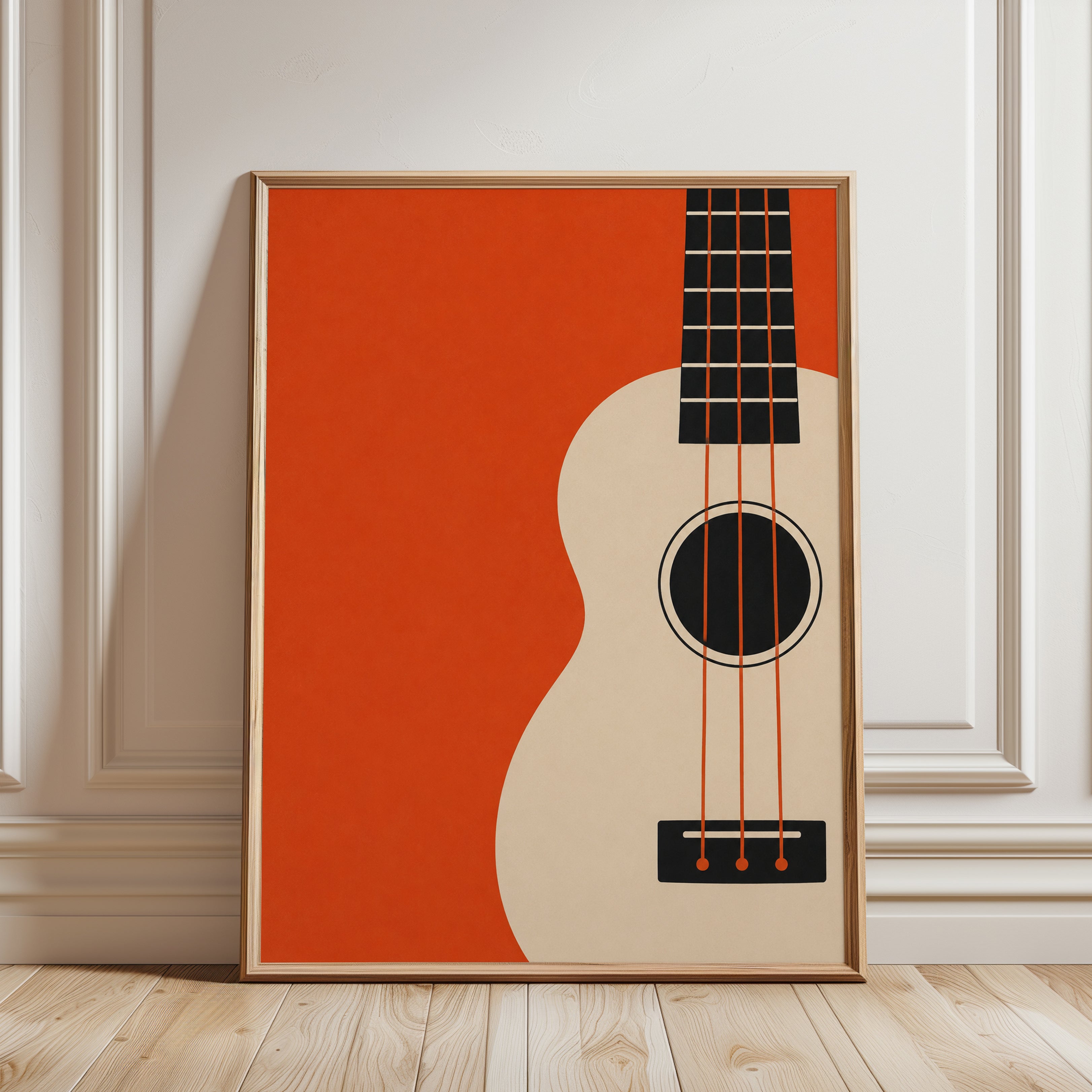 Minimalist Guitar Poster: Mid-Century Modern Orange Music Art - framed detail