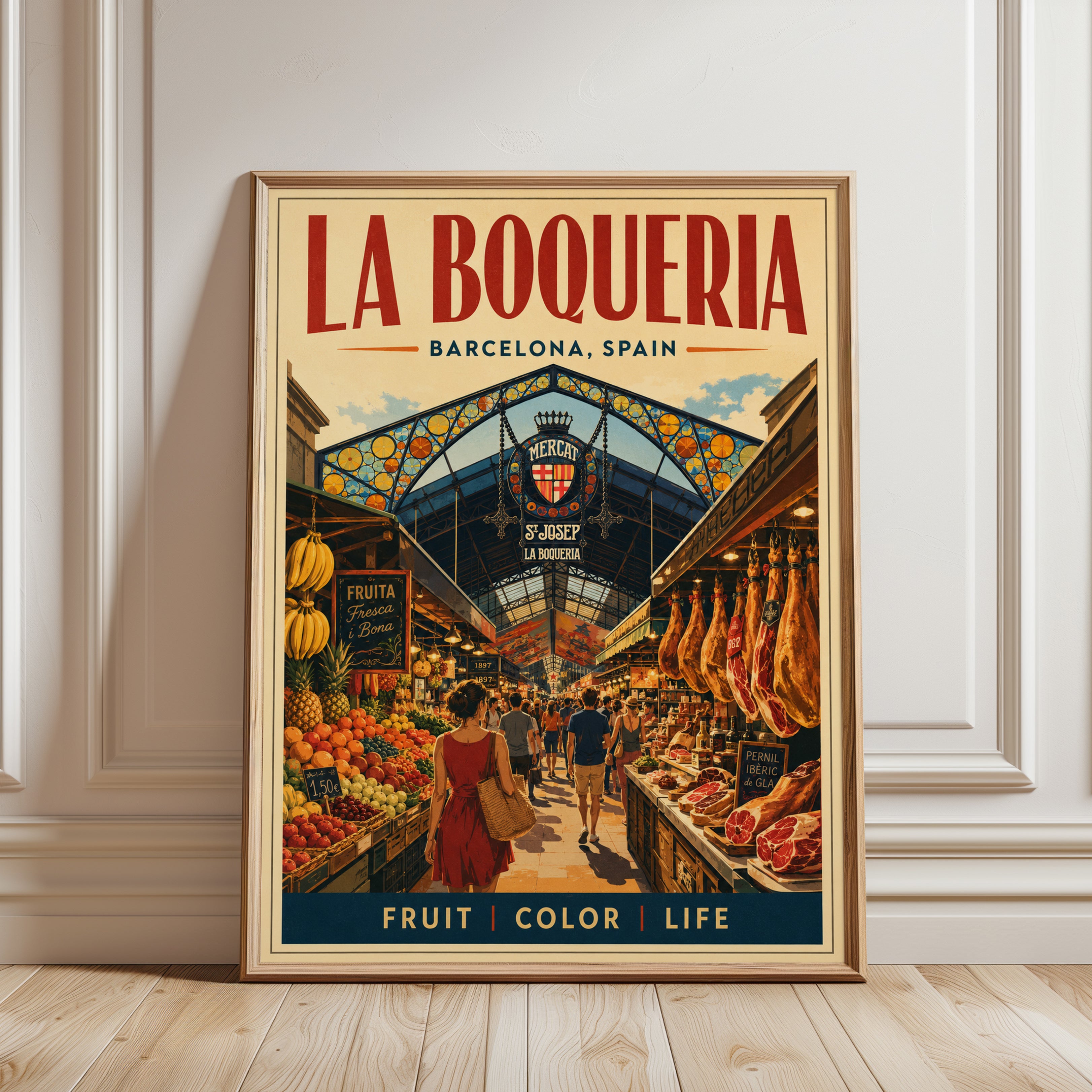 La Boqueria Barcelona Vintage Travel Poster — Retro Spanish Market Art - framed detail