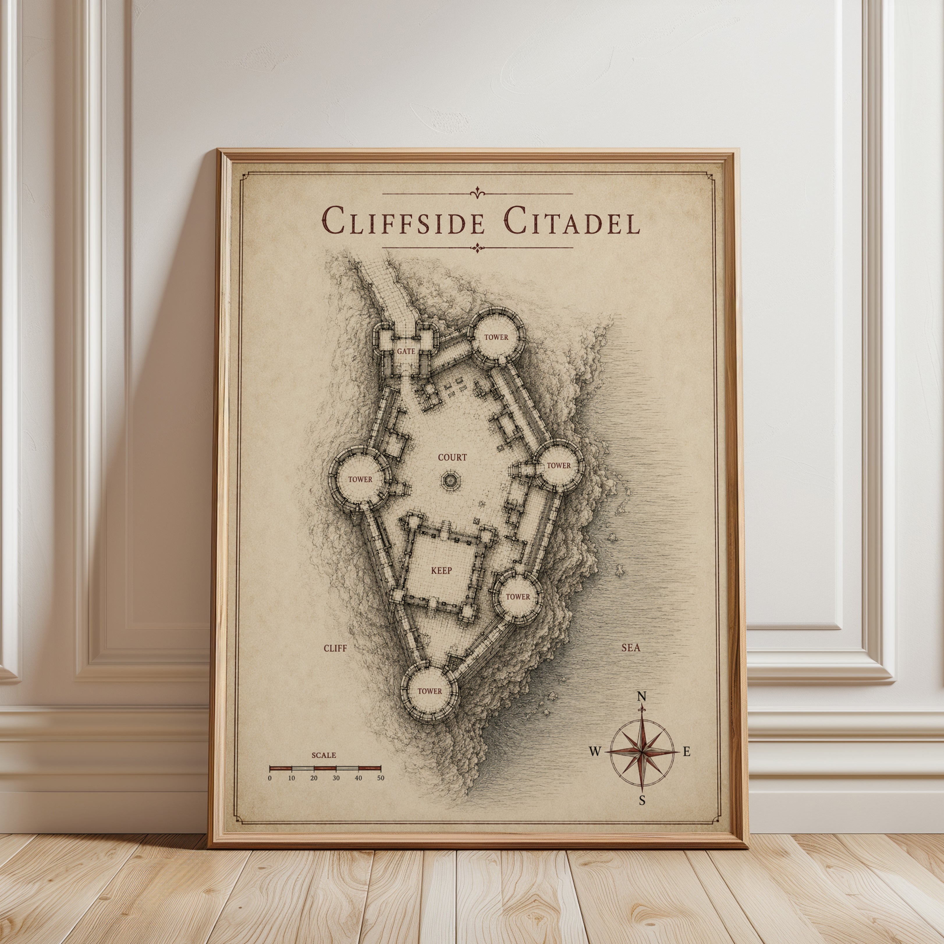 Cliffside Citadel Map Print: Medieval Fantasy Castle Blueprint - framed detail