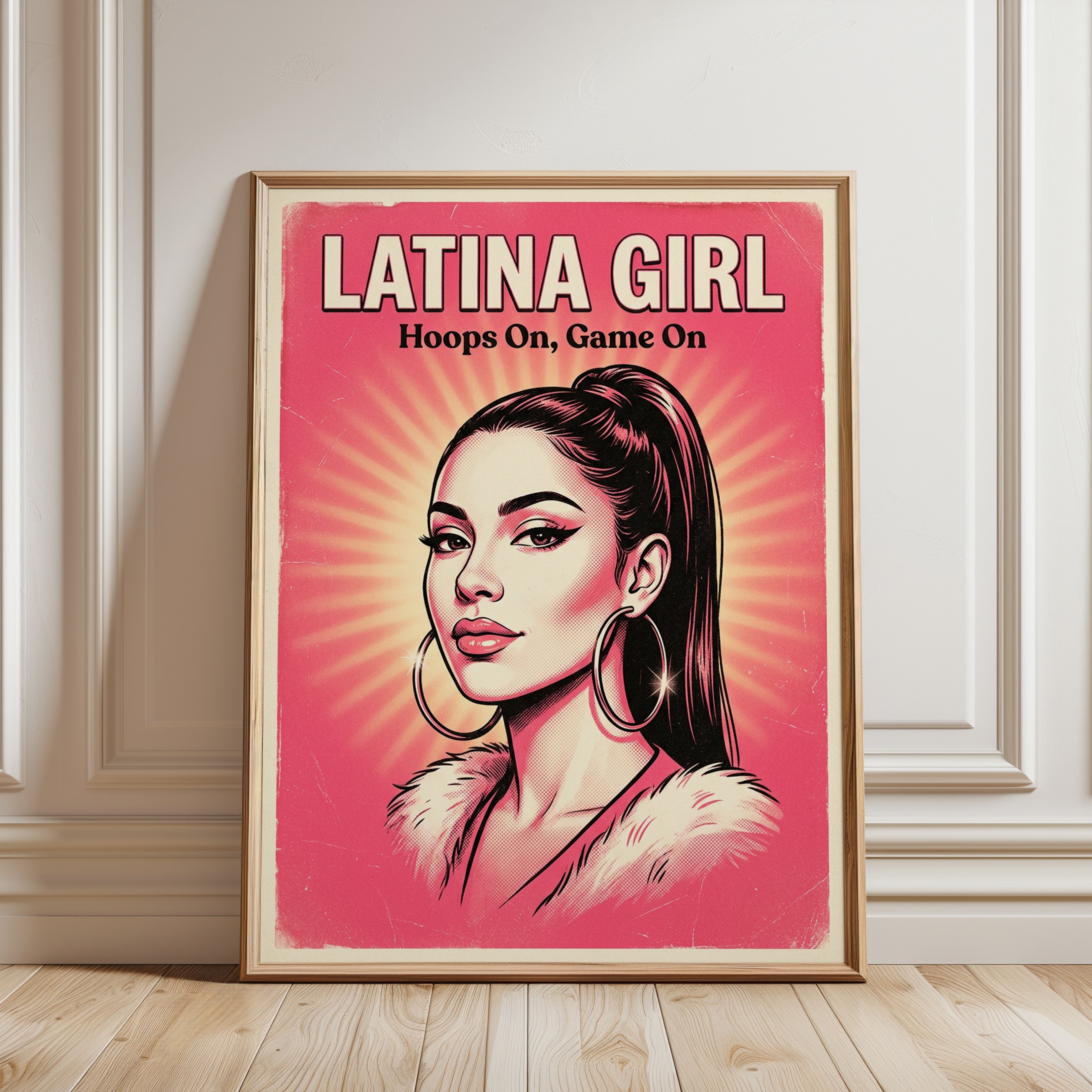 Latina Girl Retro Poster: Vintage Pink Pop Art Basketball Print - framed detail