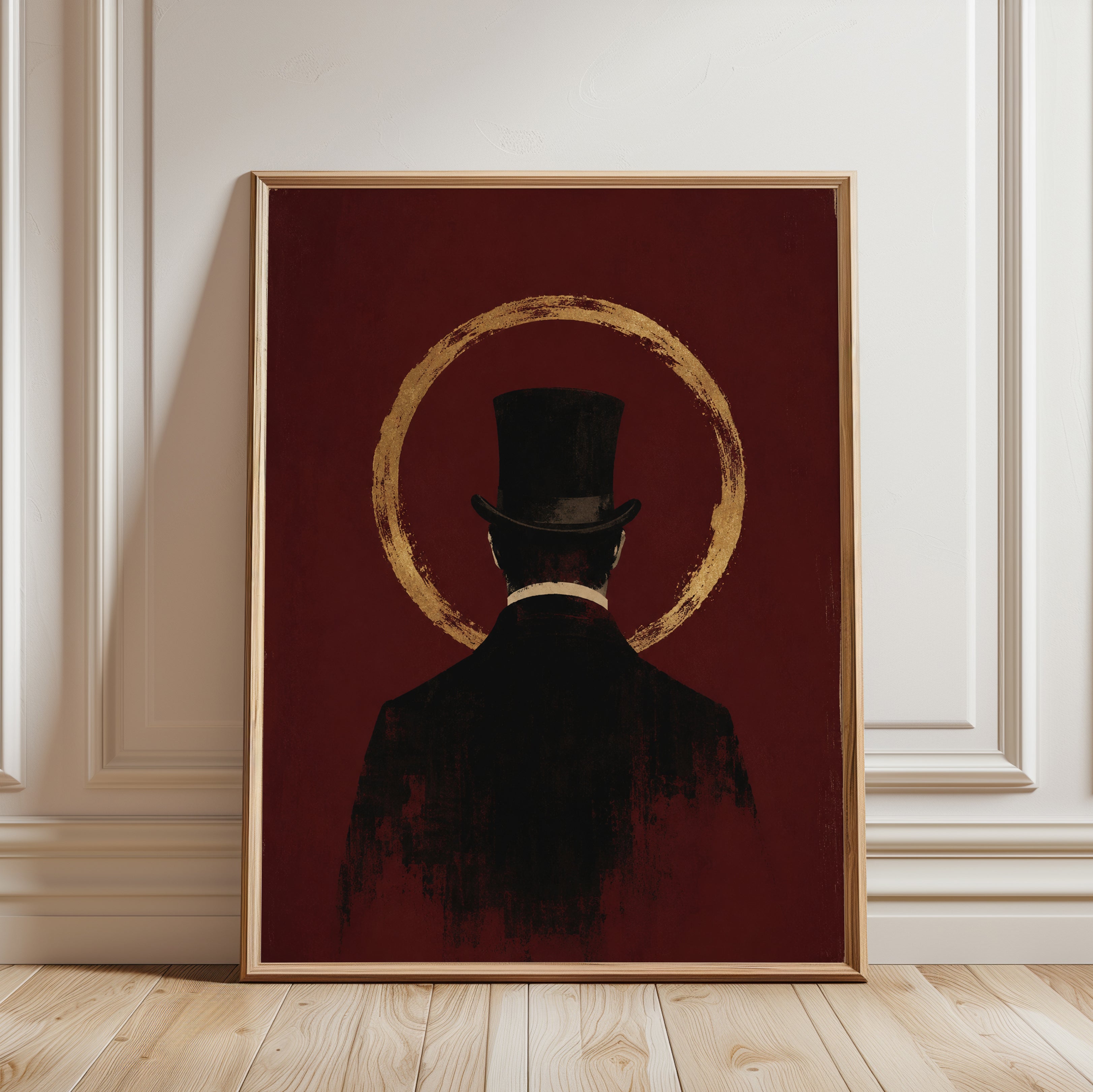 Victorian Gentleman With Top Hat Art Print: Gold Circle Red - framed detail