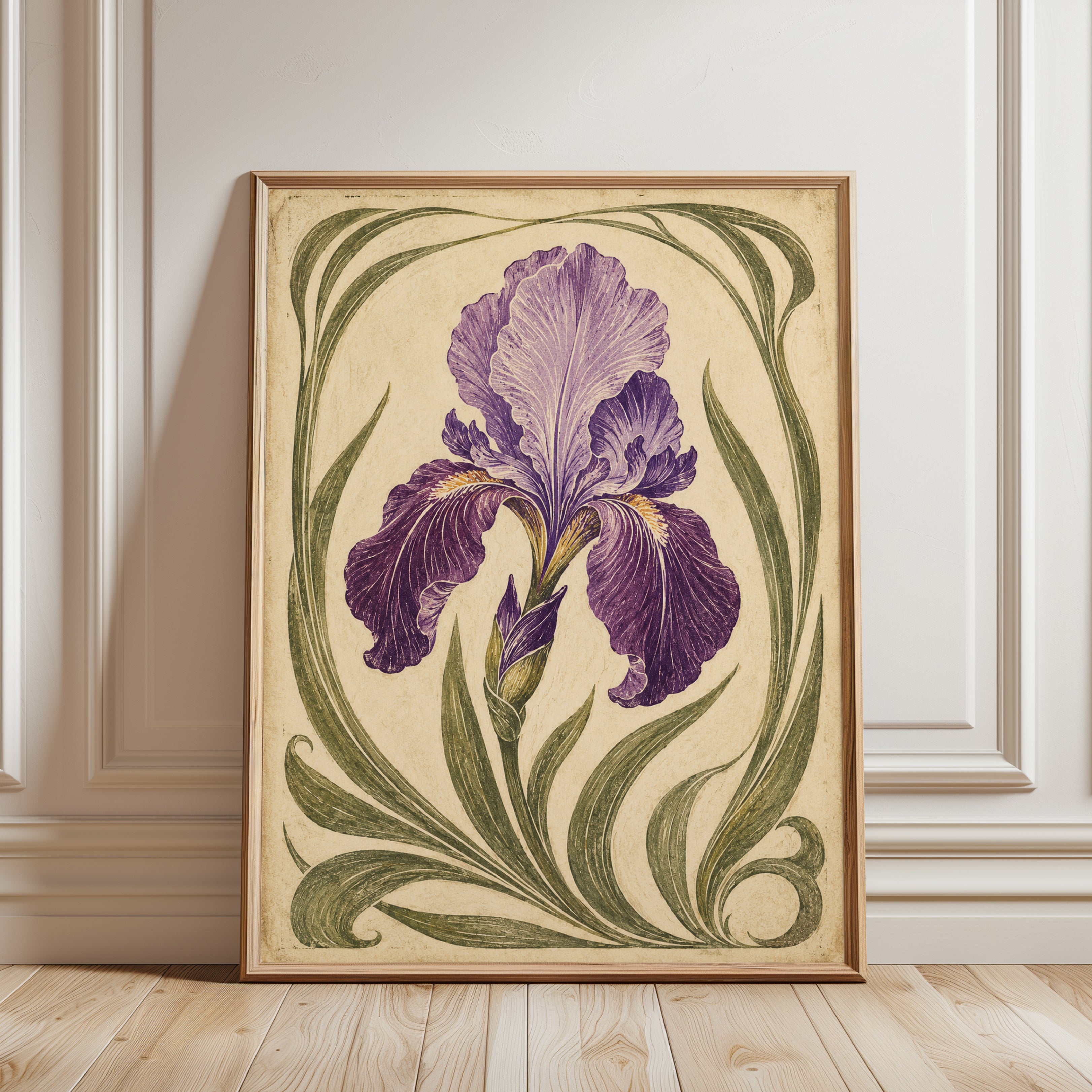 Vintage Iris Print – Purple Flower Wall Art - framed detail