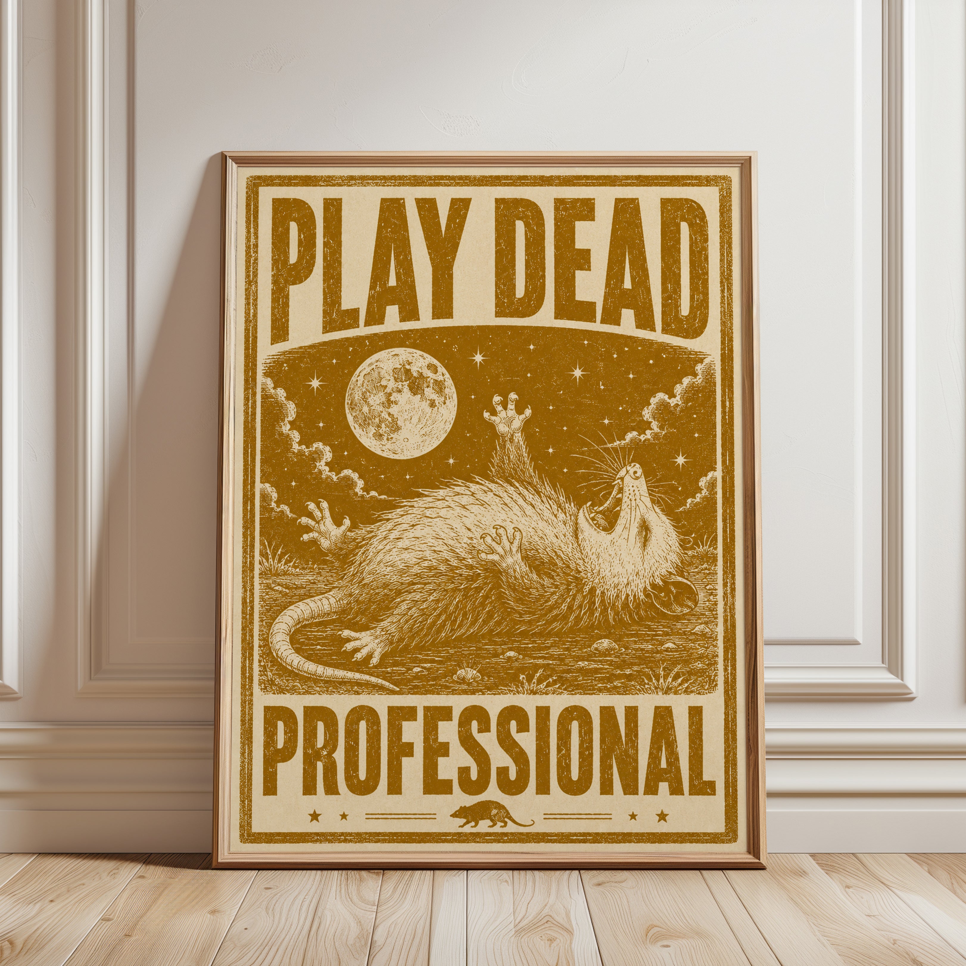 Play Dead Opossum Print: Vintage Animal Art (Mustard Gold Palette) - framed detail