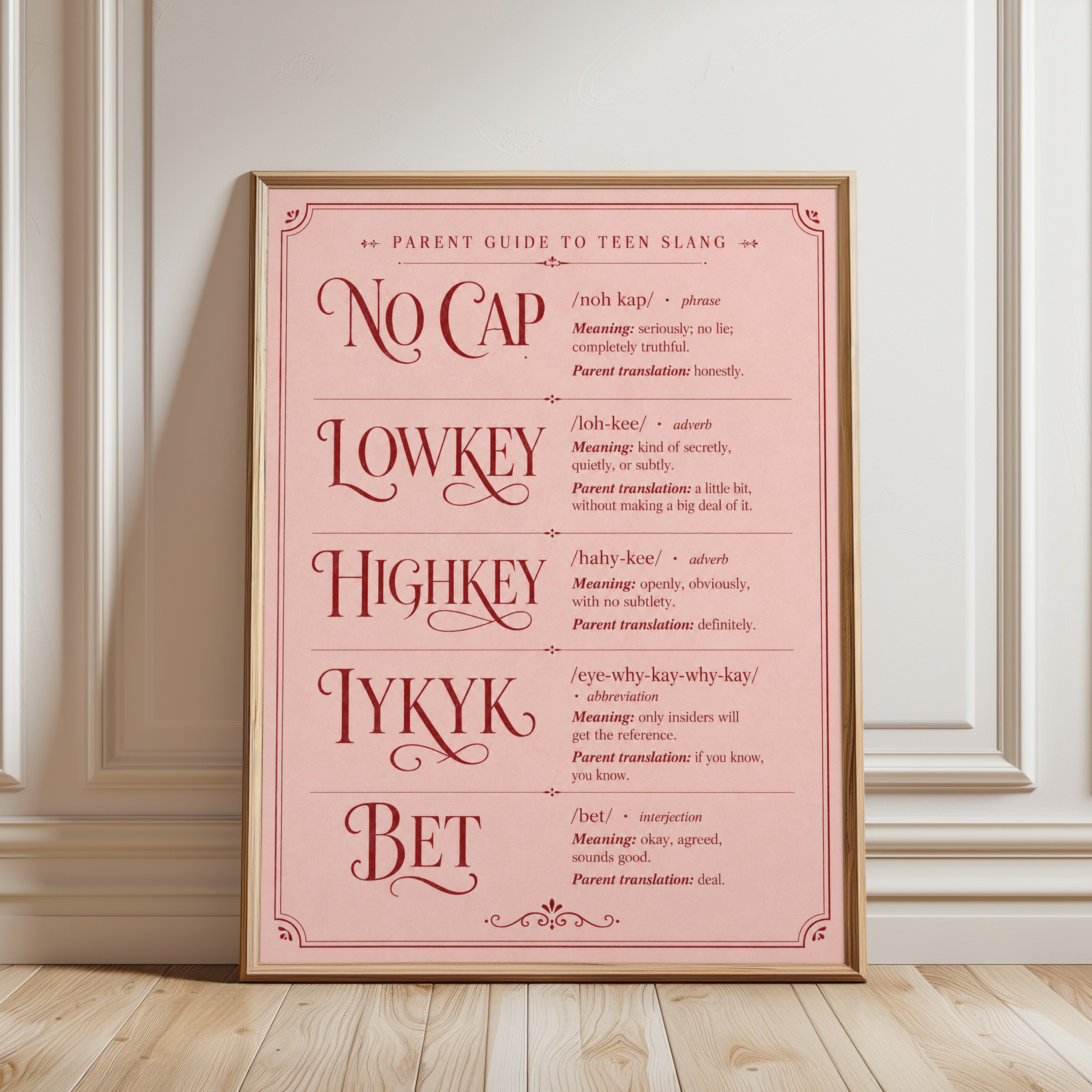 Teen Slang Guide Print: Vintage Pink Typography Poster - framed detail