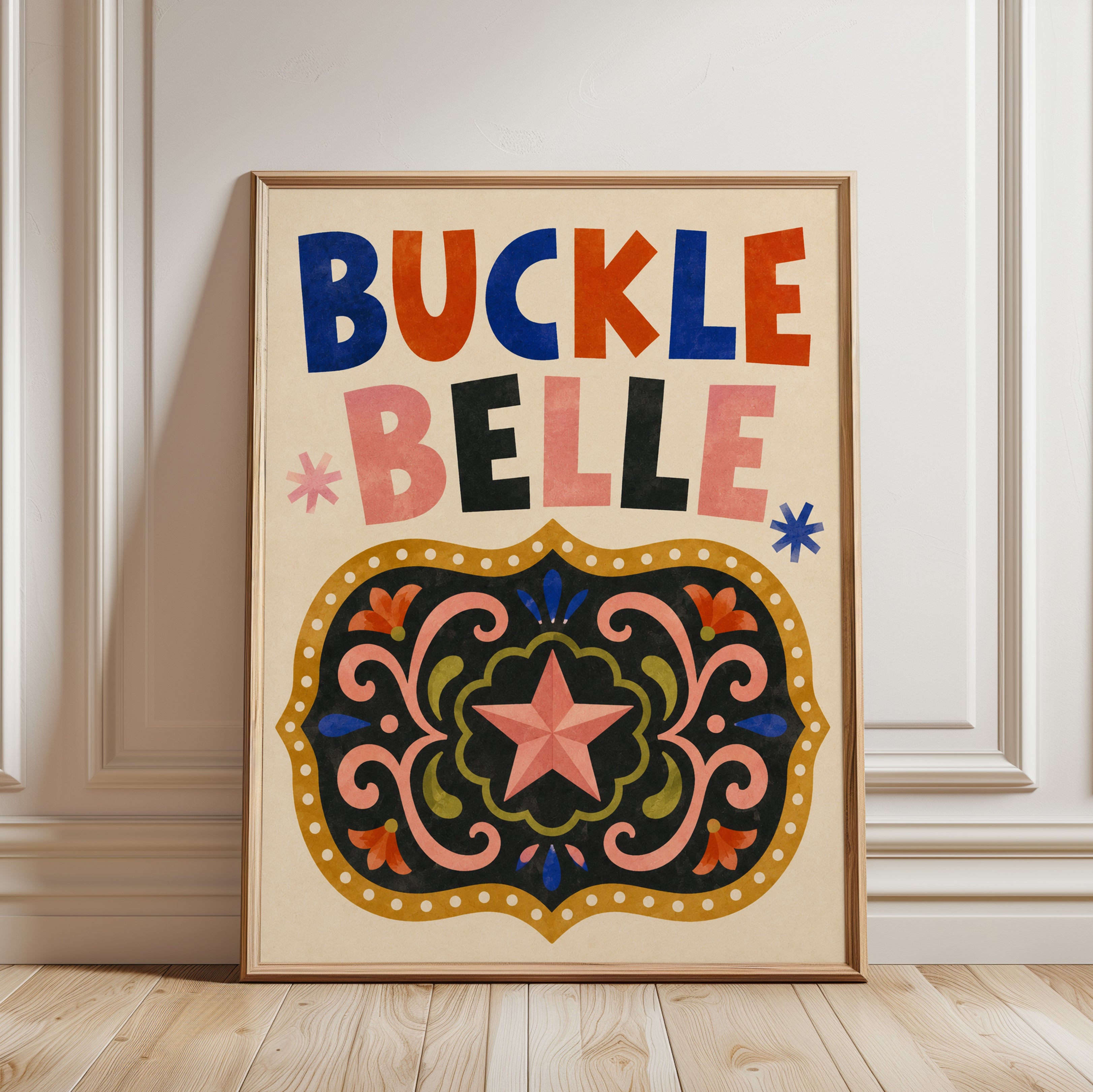 Buckle Belle Typography Poster: Folk Art Western Design - framed detail