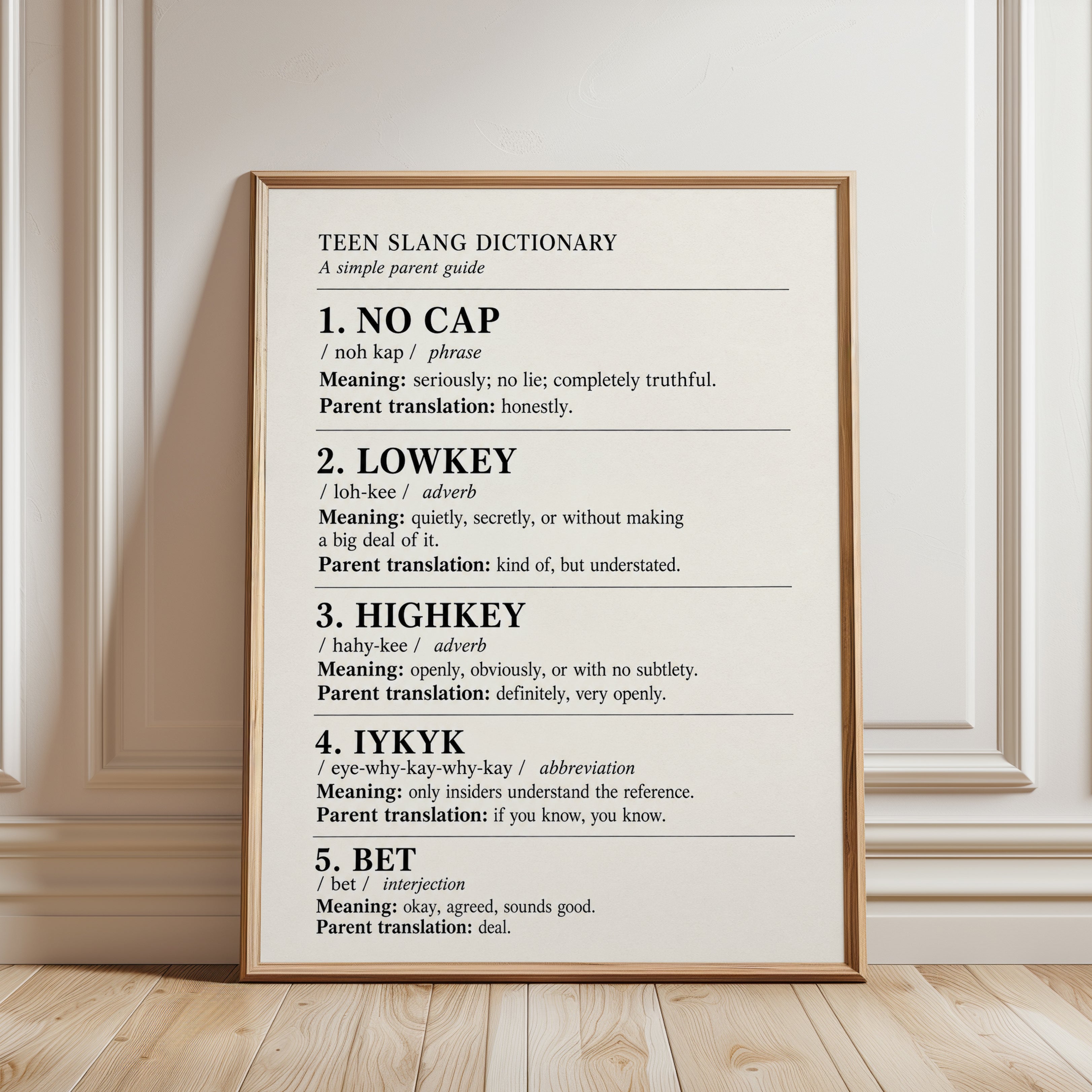 Teen Slang Dictionary Print: Vintage Typography Wall Art - framed detail