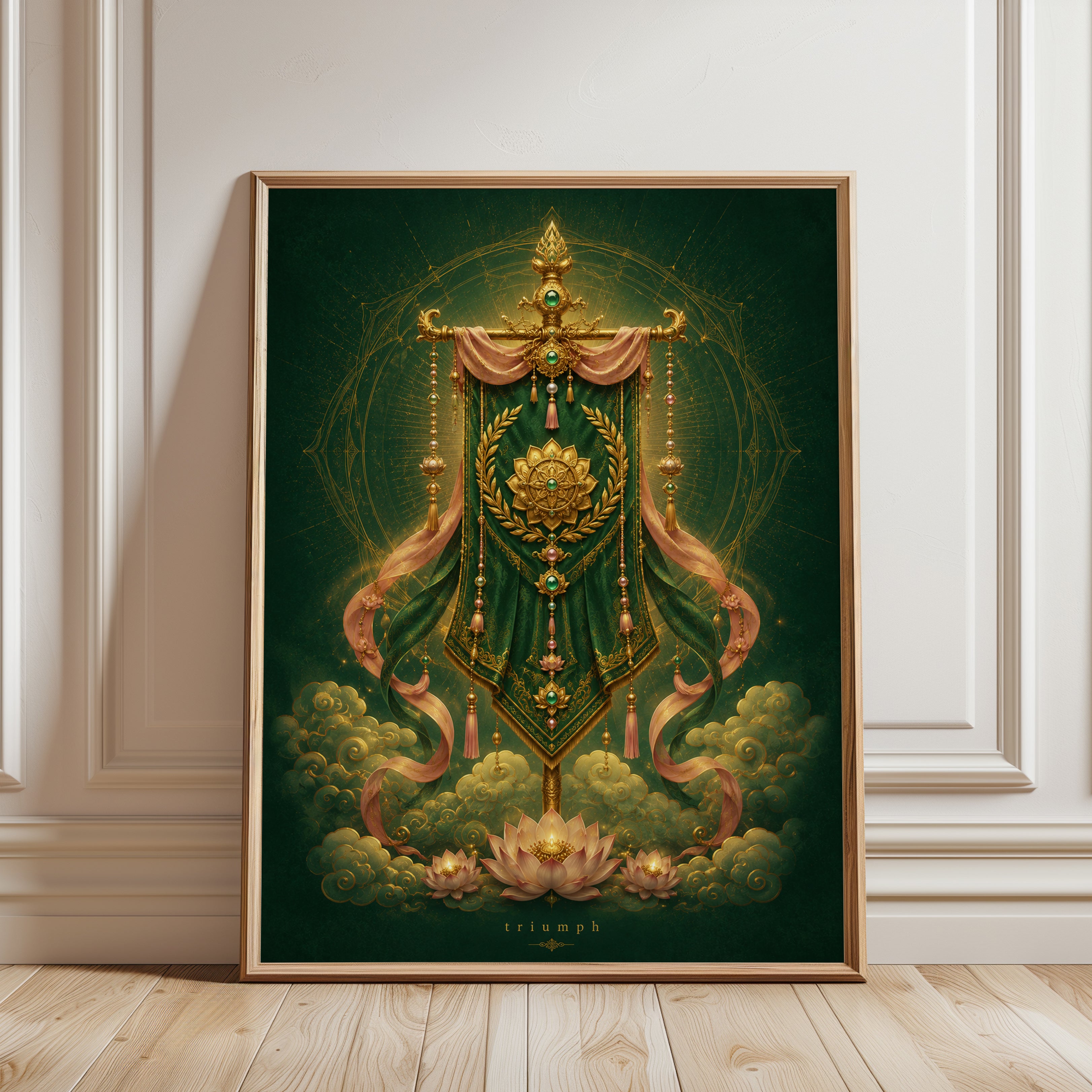 Lotus Flower Wall Art – Green Gold Buddhist Decor - framed detail