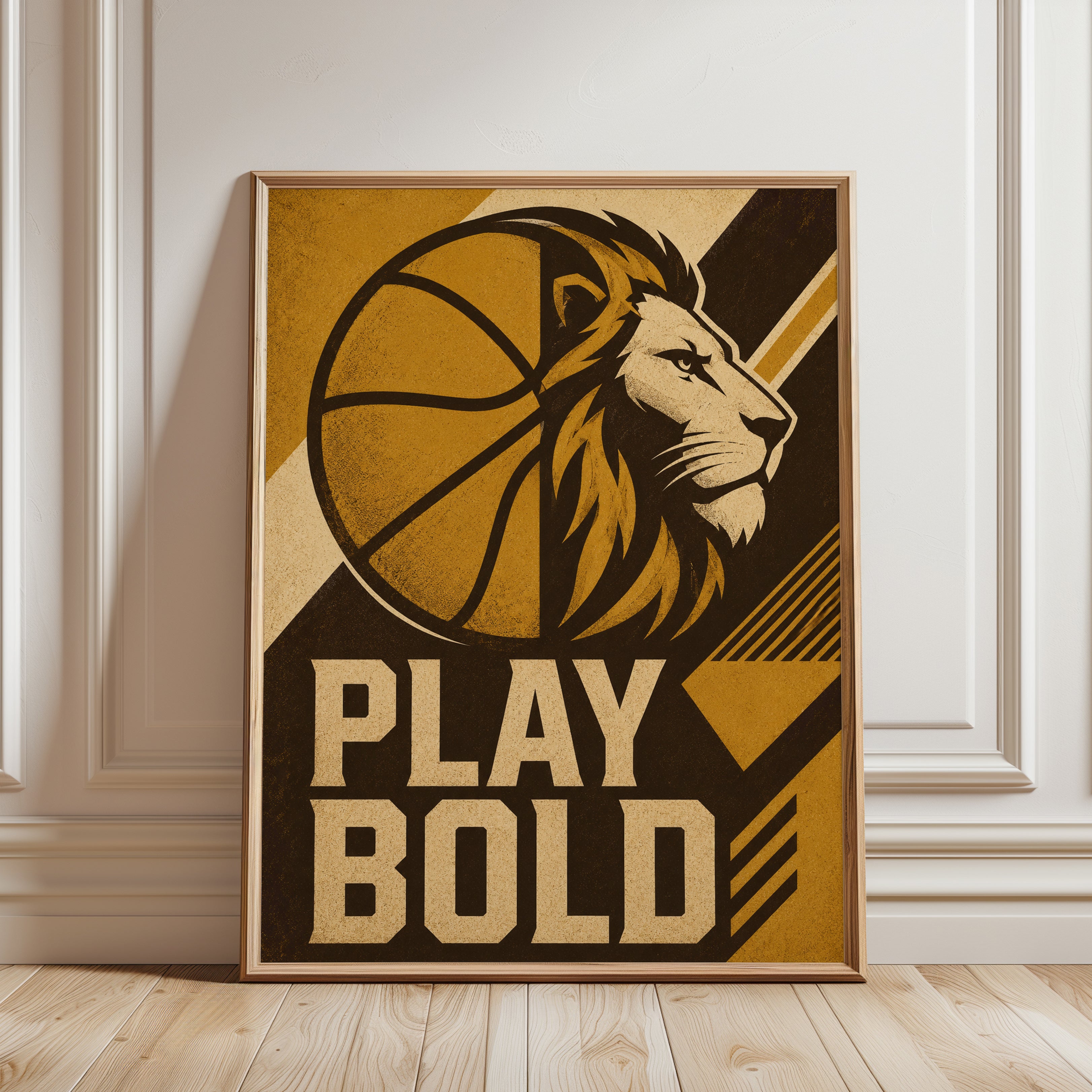 Basketball Lion Art Print: Retro Gold Sports Motivational Poster - framed detail