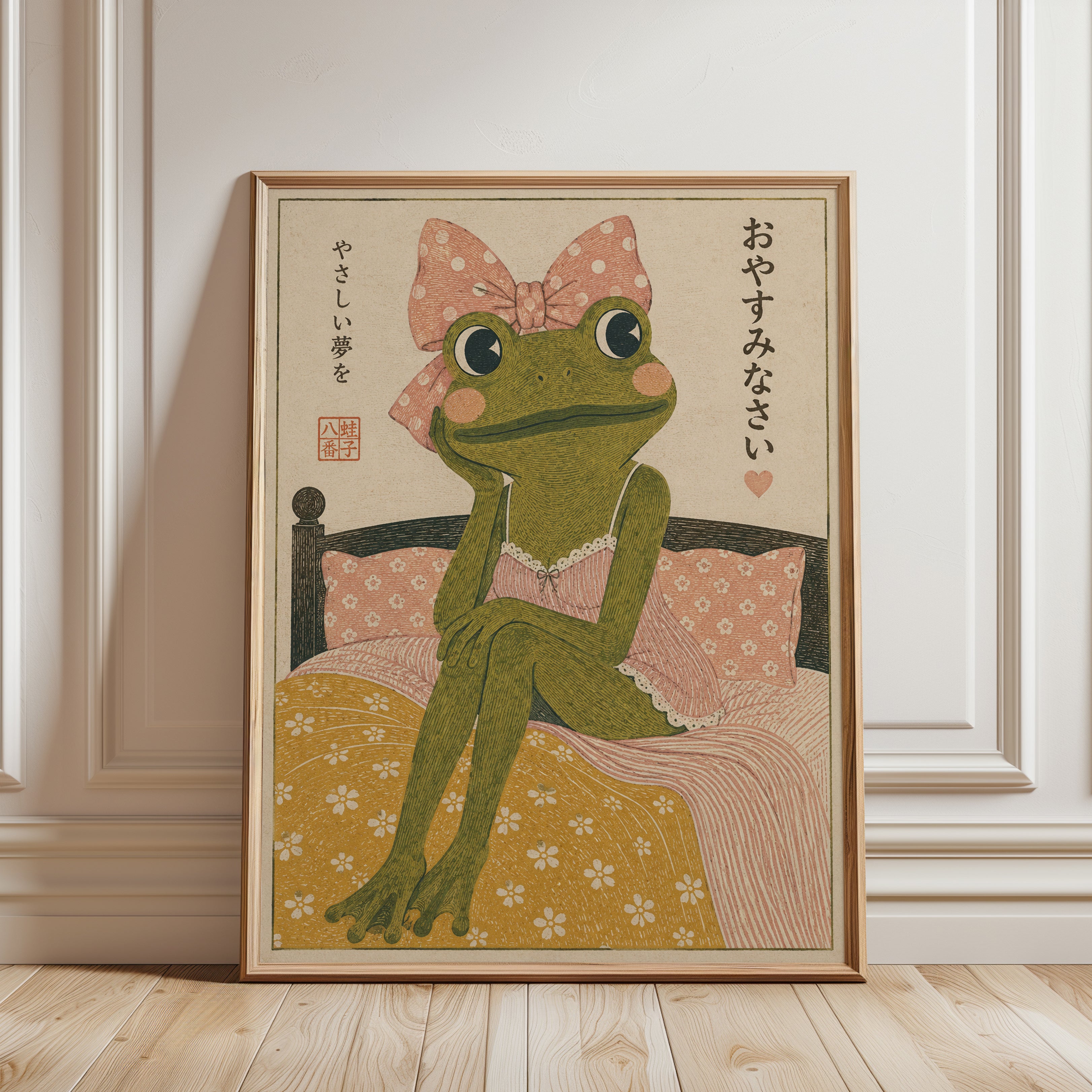 Japanese Frog With Pink Bow Art Print: Vintage Kawaii Style - framed detail