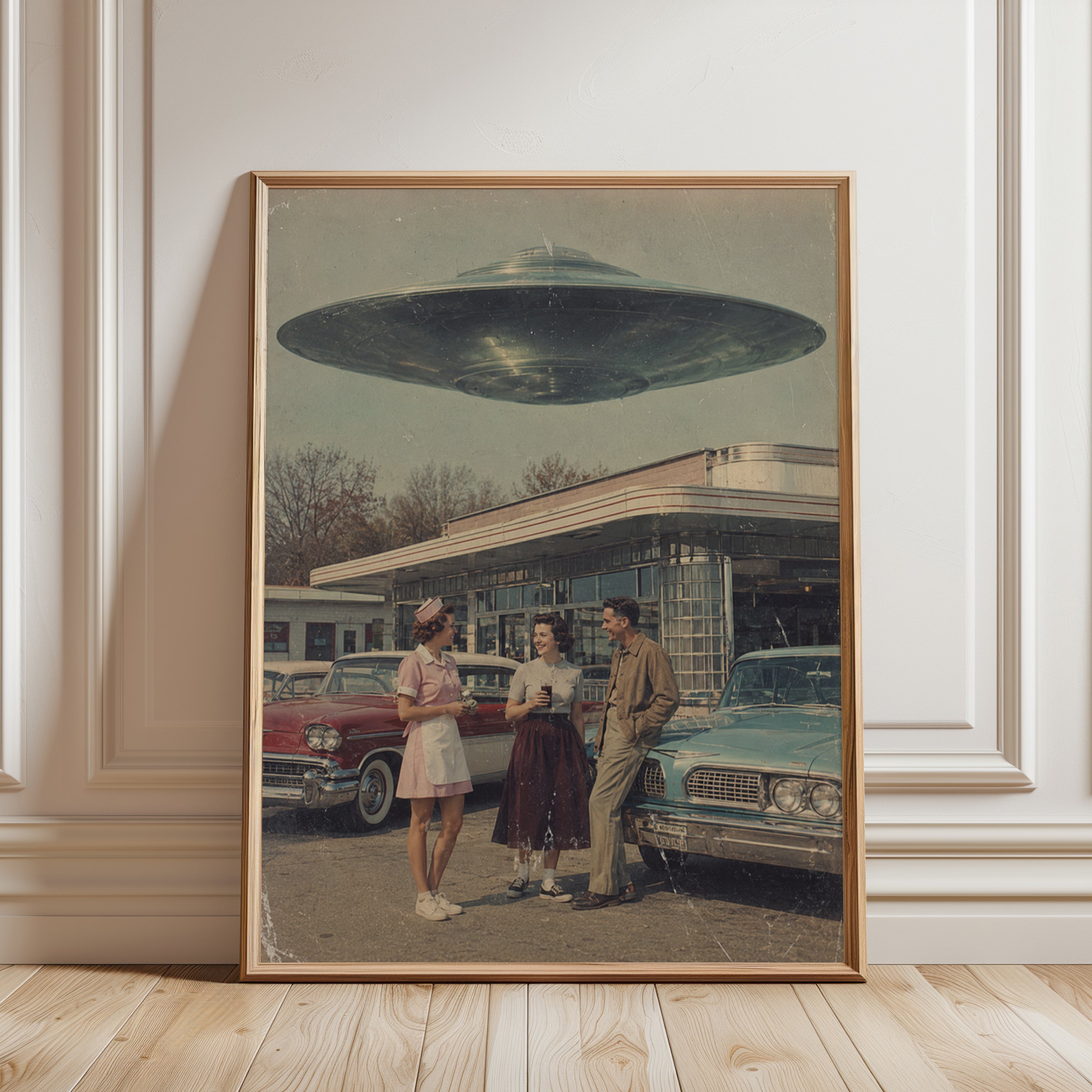 Retro UFO Diner Scene Wall Art: 1950s Sci-Fi Americana Print - framed detail
