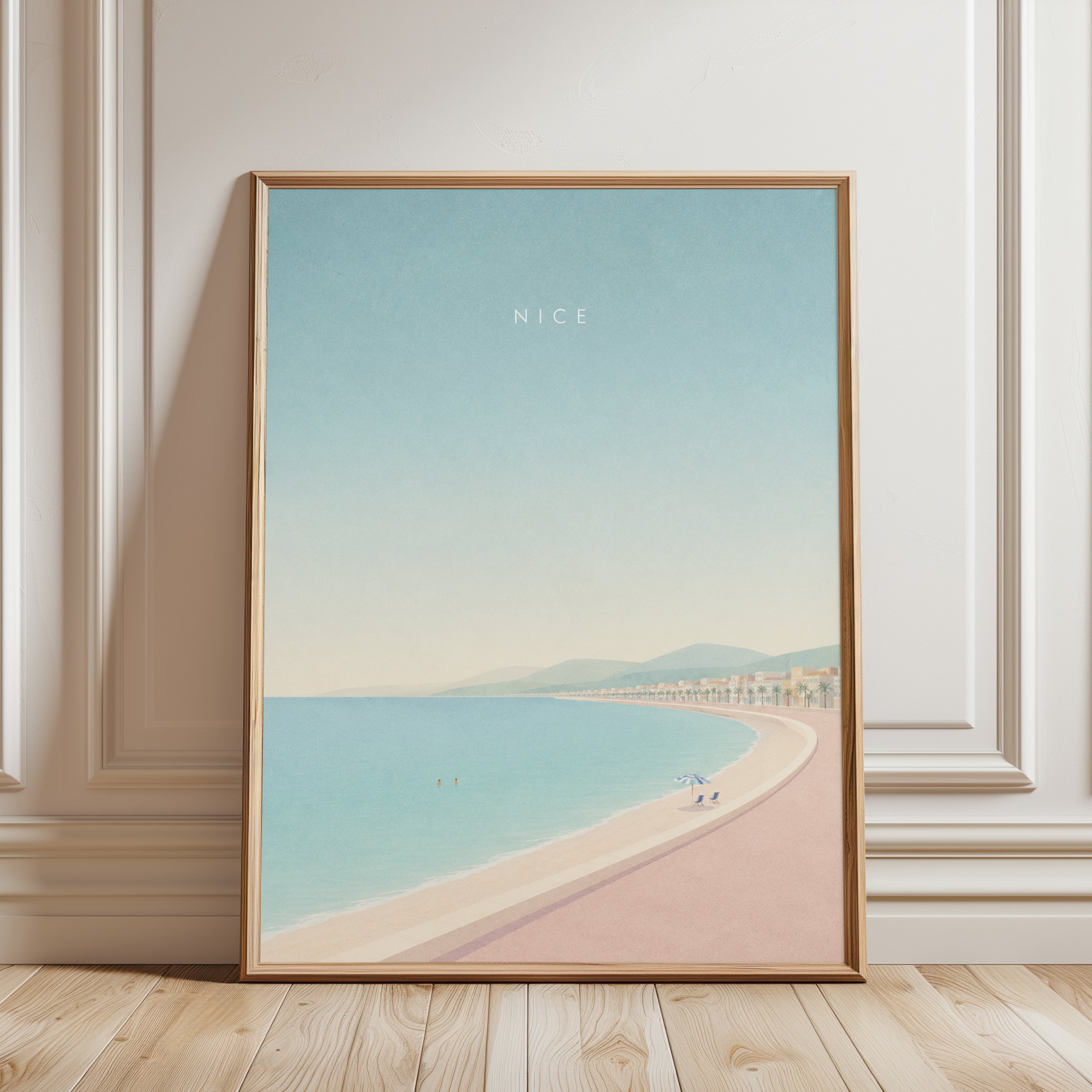 Nice Beach Promenade Print: Pastel Coastal Mediterranean Art - framed detail