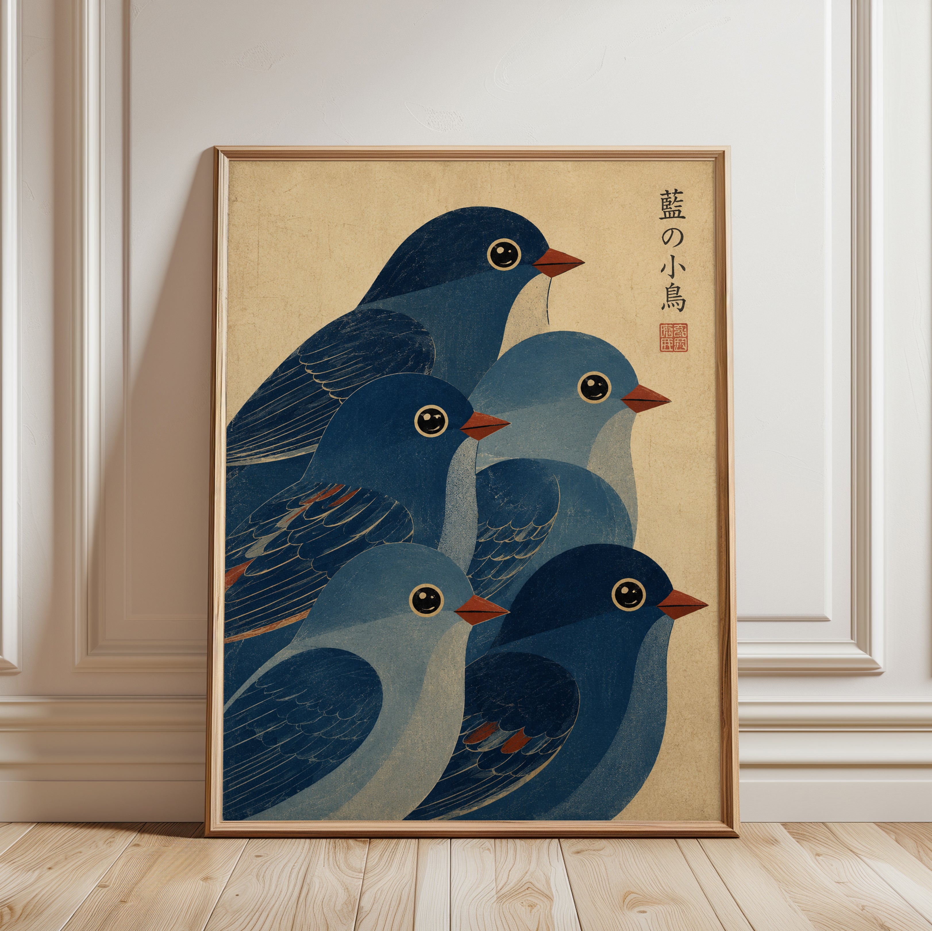 Japanese Blue Birds Print — Vintage Ukiyo-e Style Art - framed detail