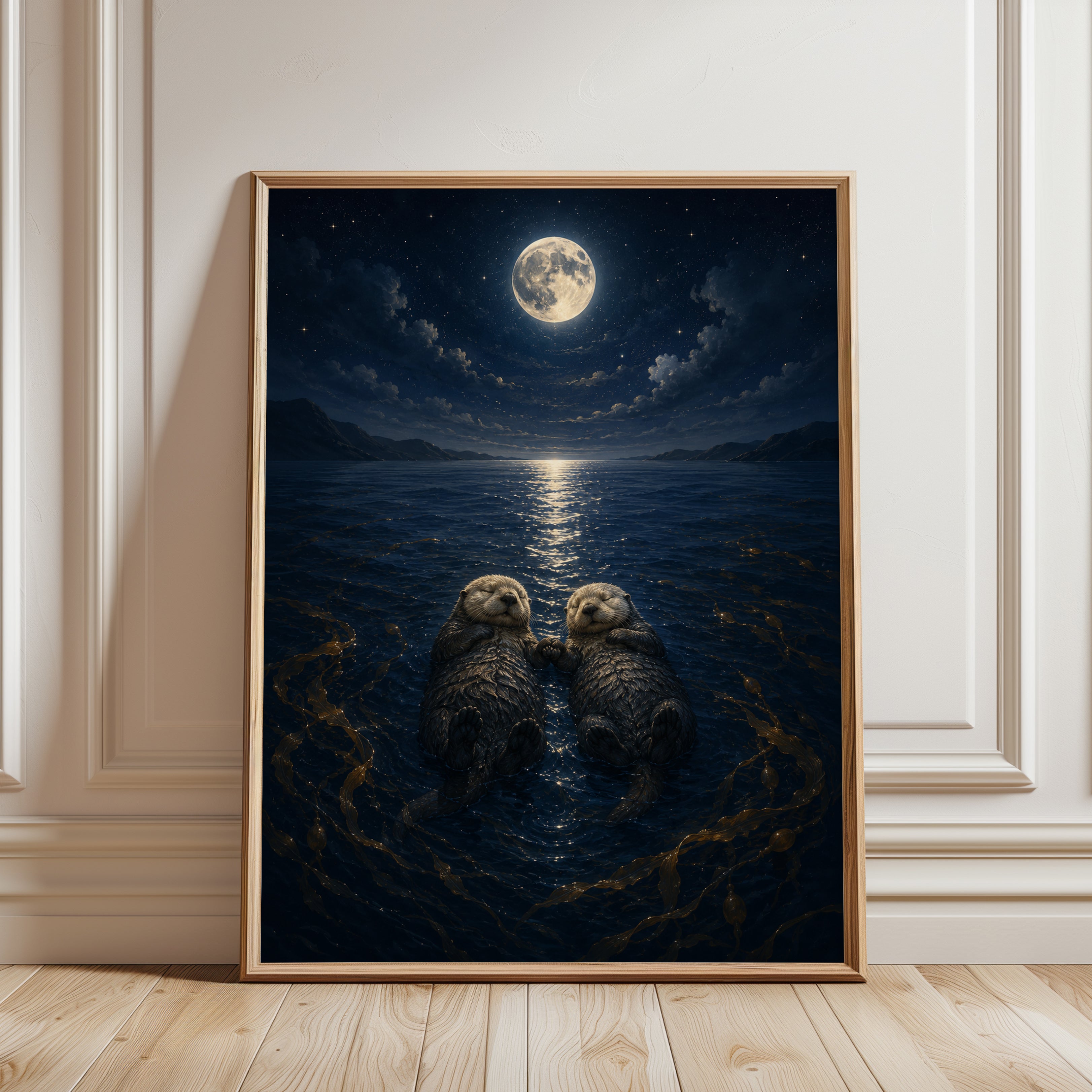 Sea Otters Full Moon Print – Romantic Night Ocean - framed detail