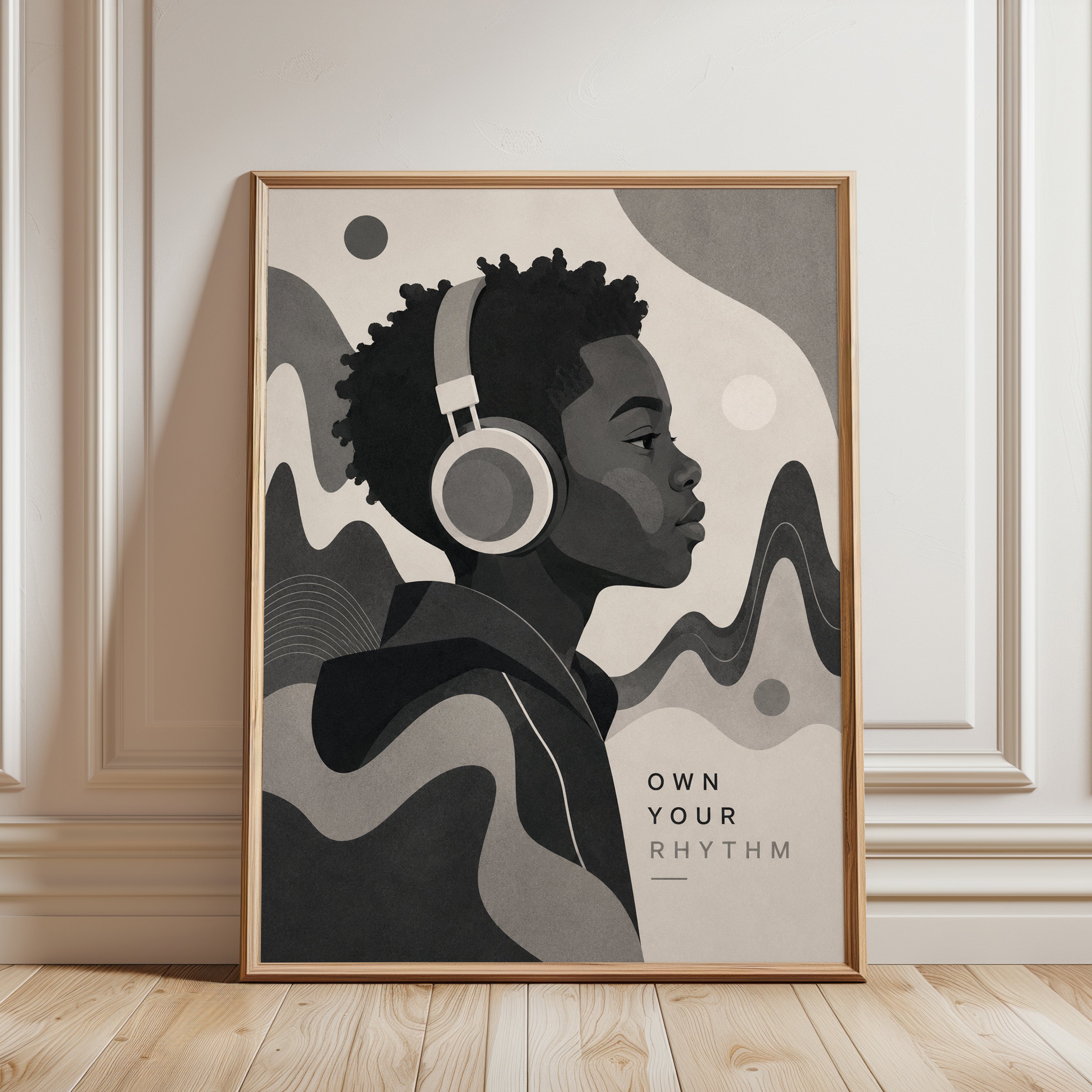 Own Your Rhythm: Art Deco Music Portrait in Monochrome Gray - framed detail
