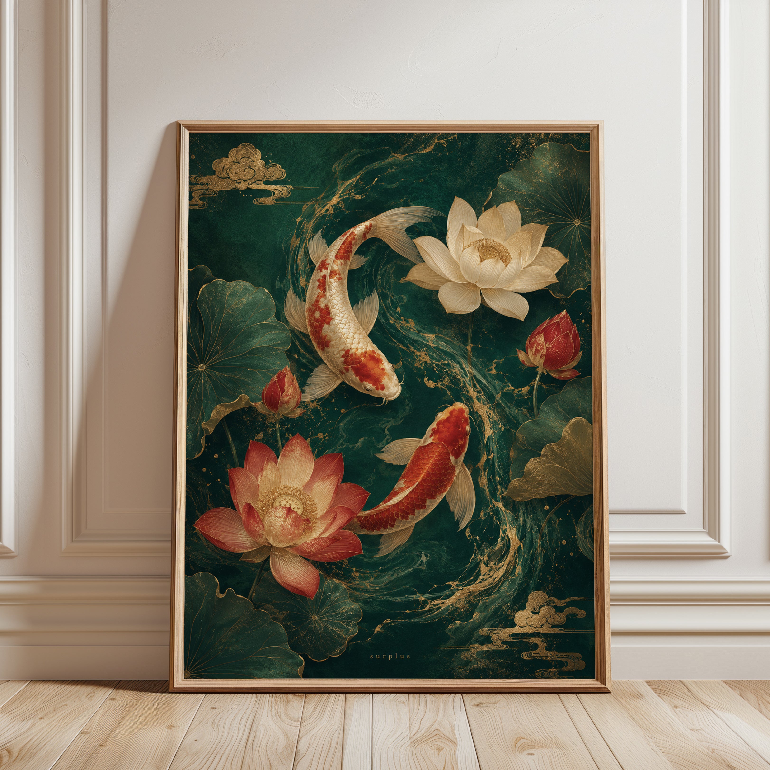 Koi Fish Wall Art – Lotus Flower Print - framed detail