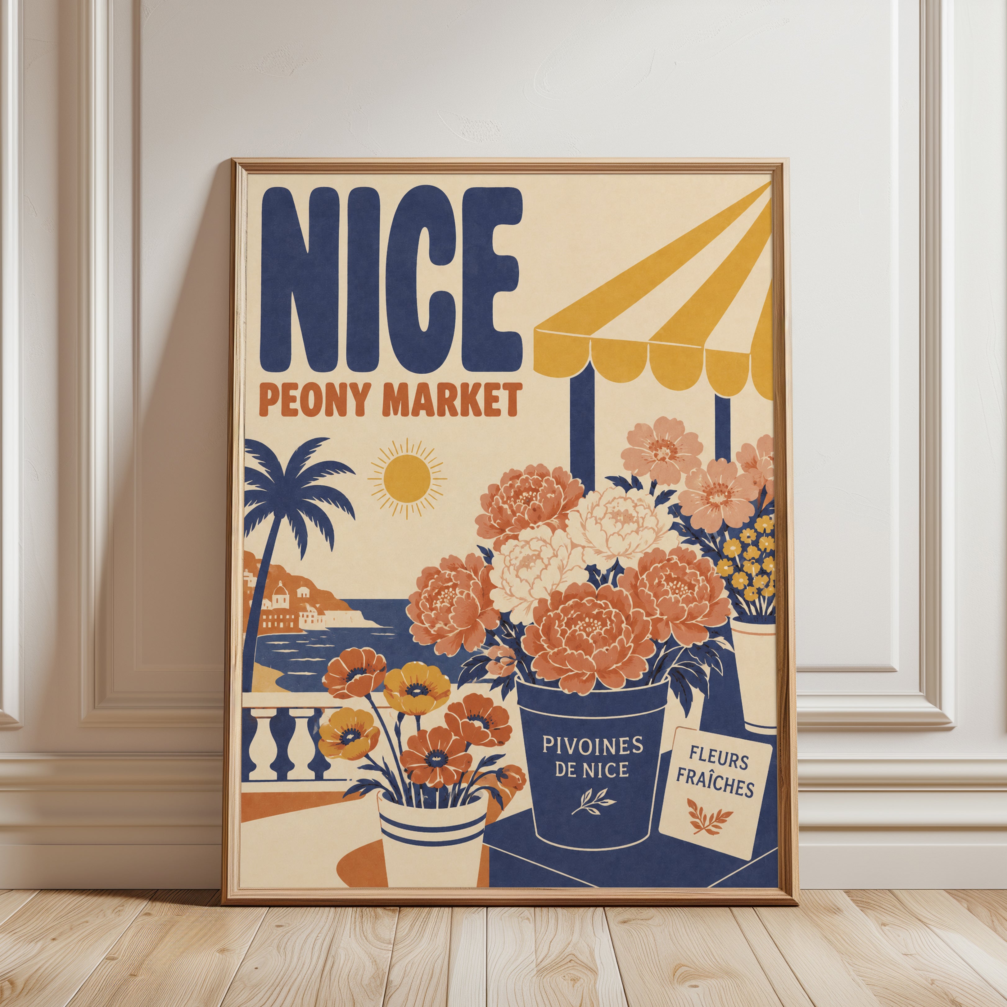 Vintage Nice France Poster: Peony Market - framed detail