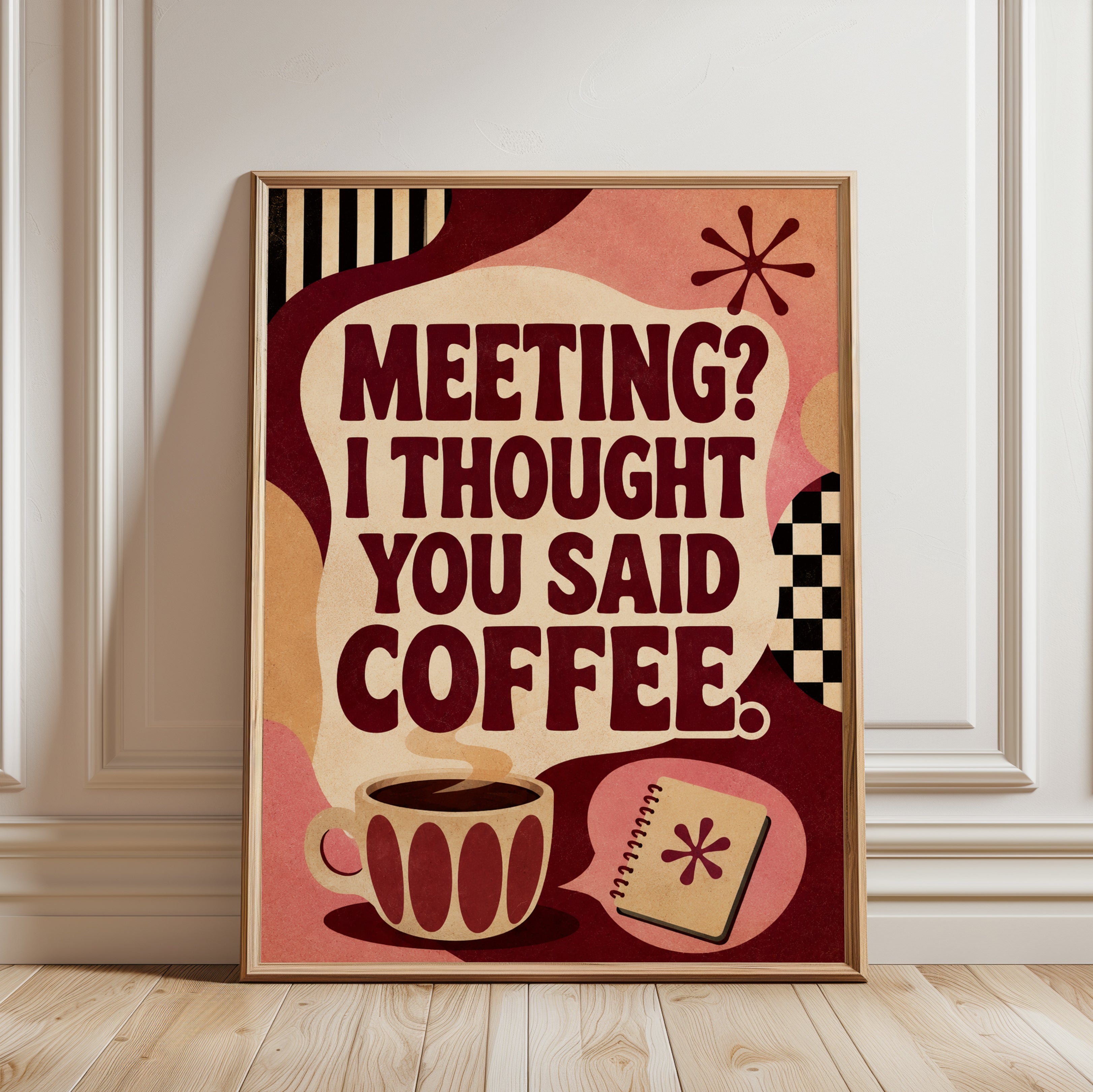Meeting Coffee Print: Retro Mid-Century Office Humor Wall Art - framed detail