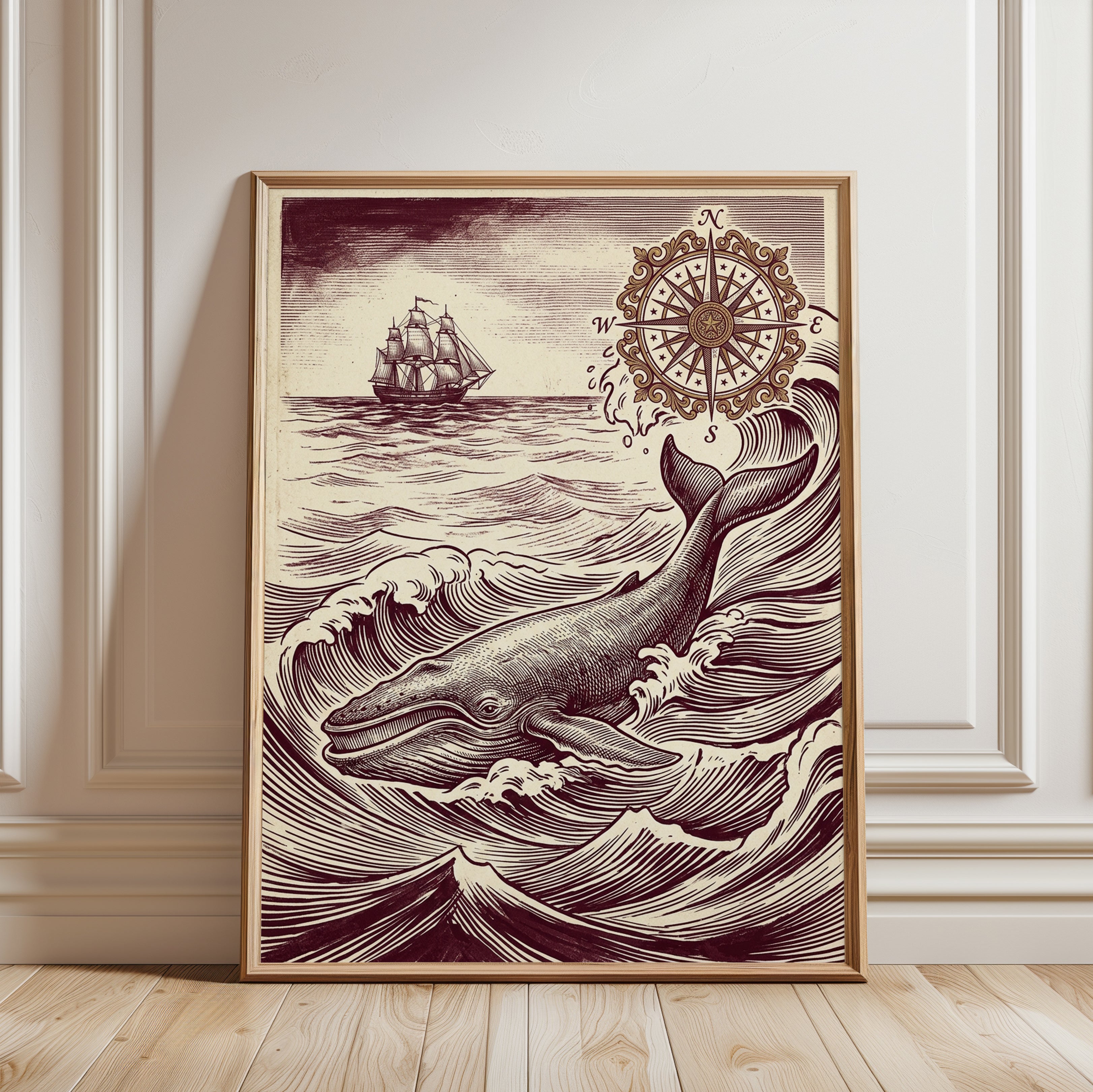 Vintage Whale Print: Nautical Engraving with Compass Rose & Ship - framed detail