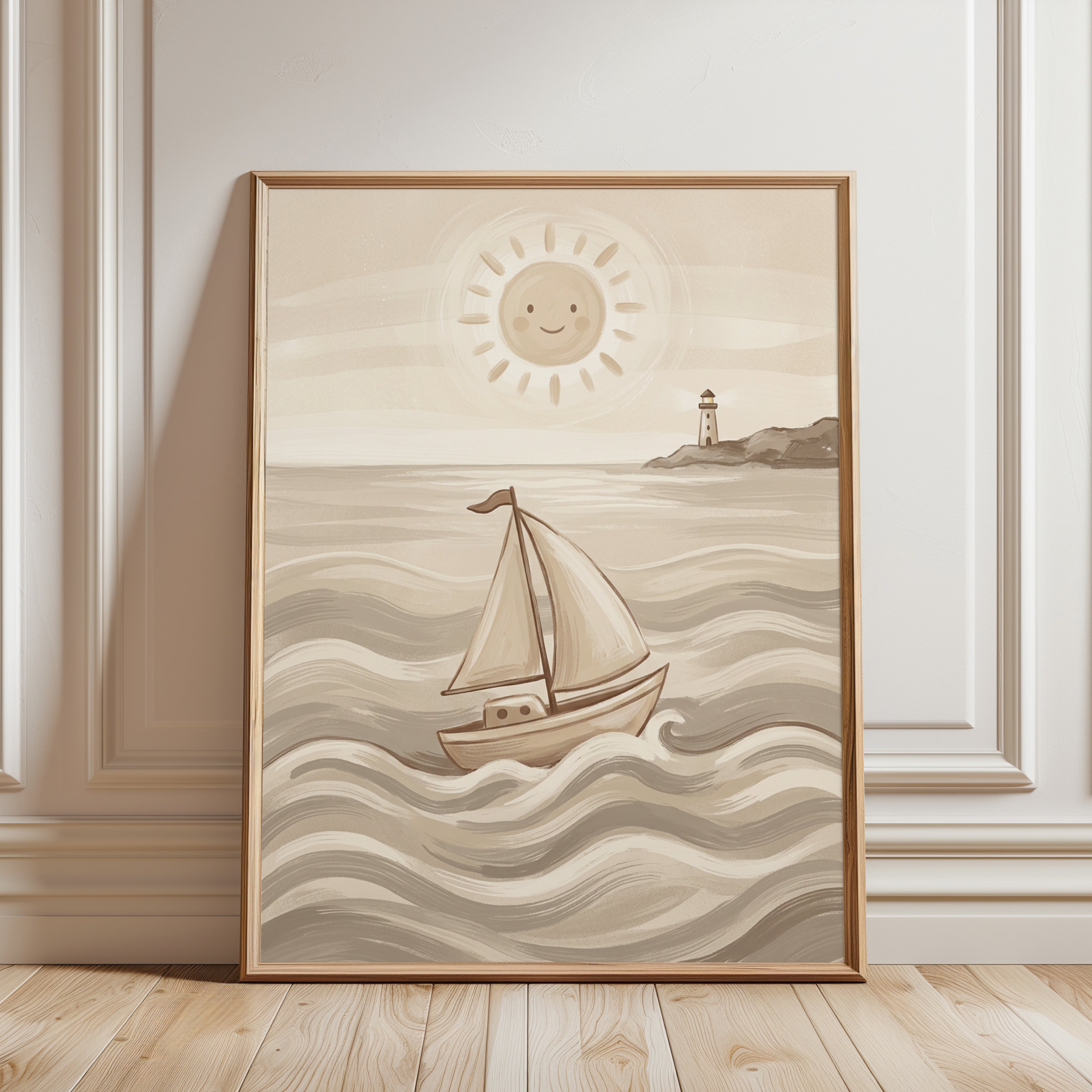 Sailboat and Lighthouse Art Print: Whimsical Coastal Nursery Design - framed detail