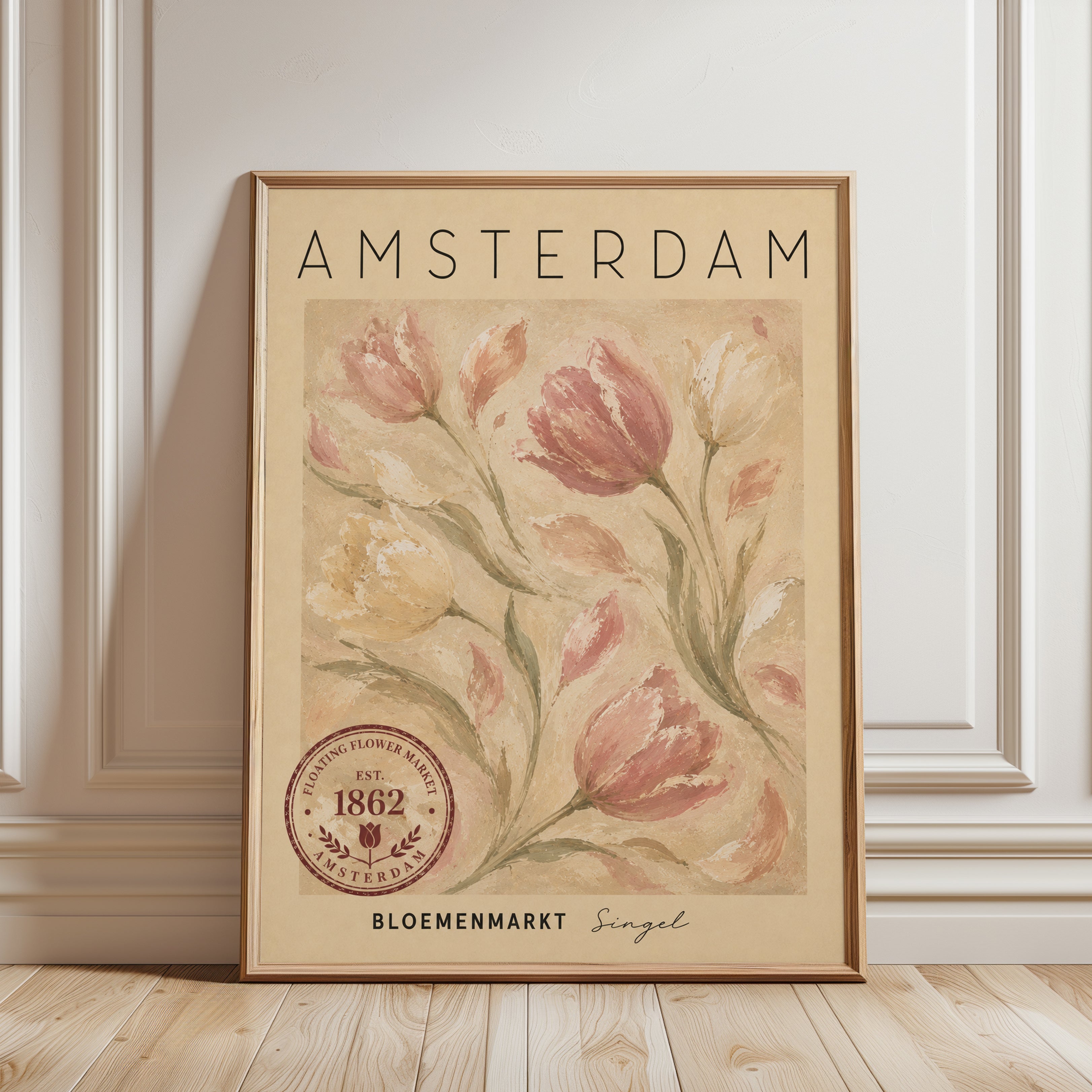 Amsterdam Travel Poster – Vintage Tulip Print - framed detail