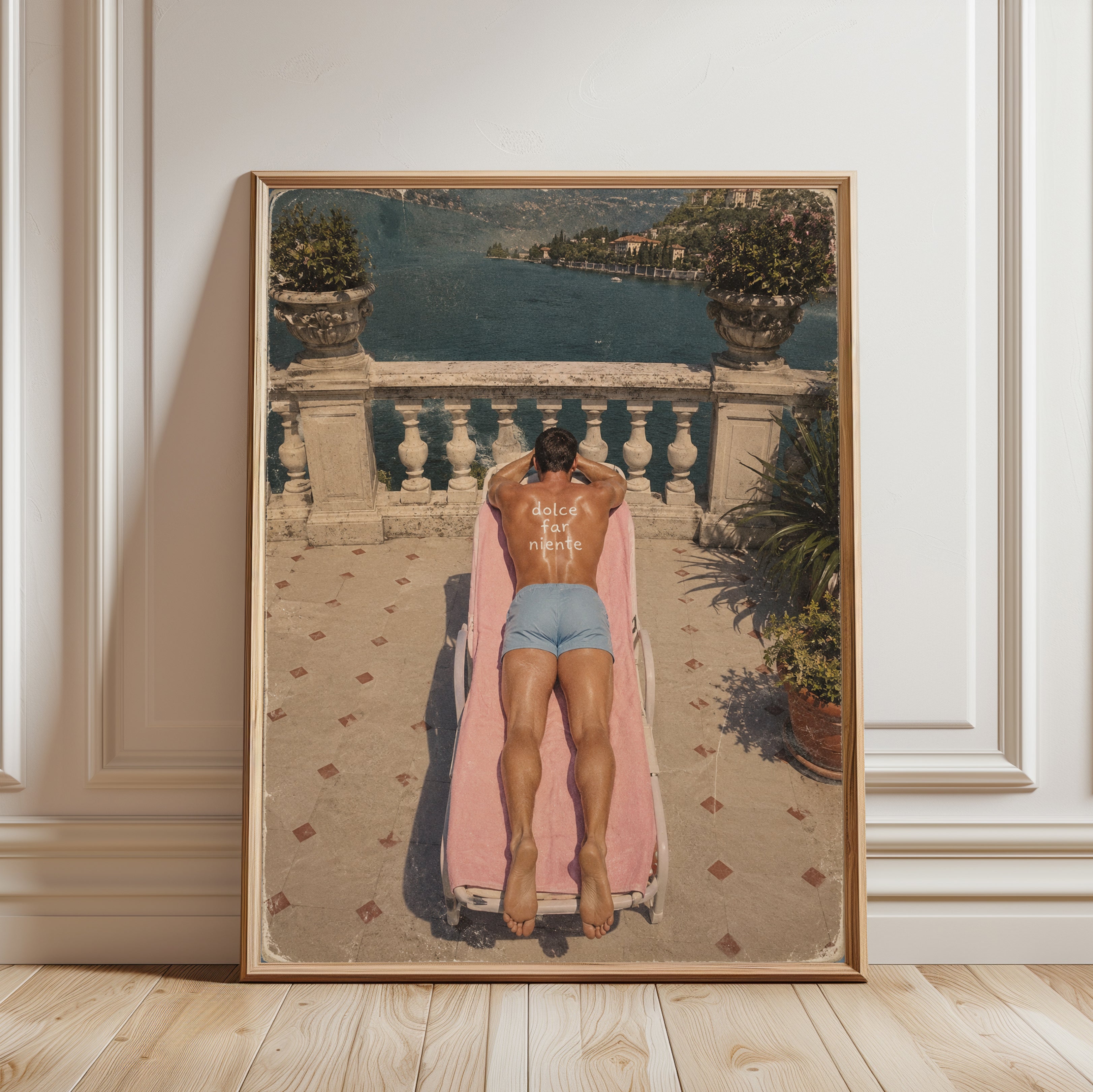 Sunbathing Wall Art – Vintage Italian Lake Print - framed detail