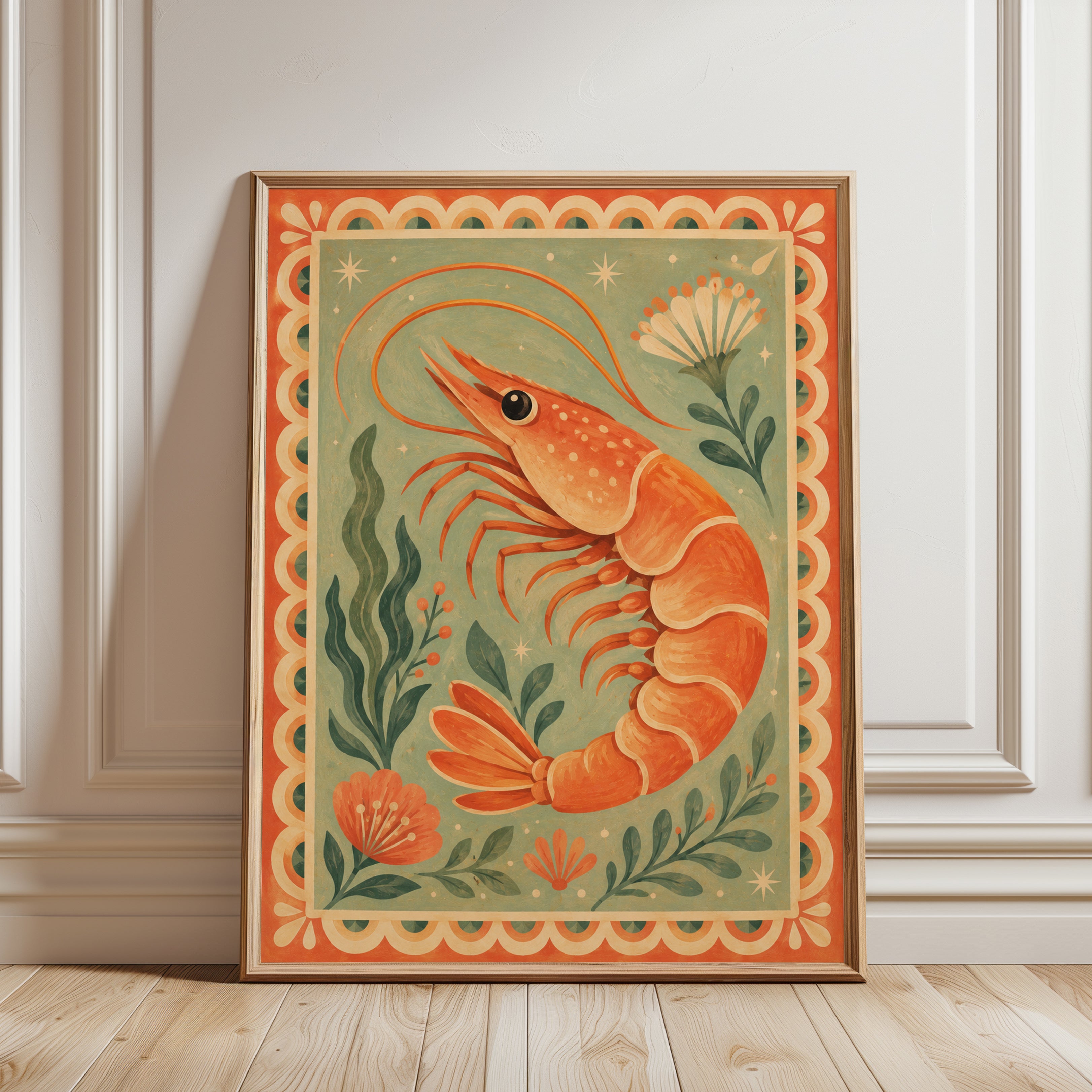 Shrimp Wall Art – Folk Art Kitchen Print - framed detail