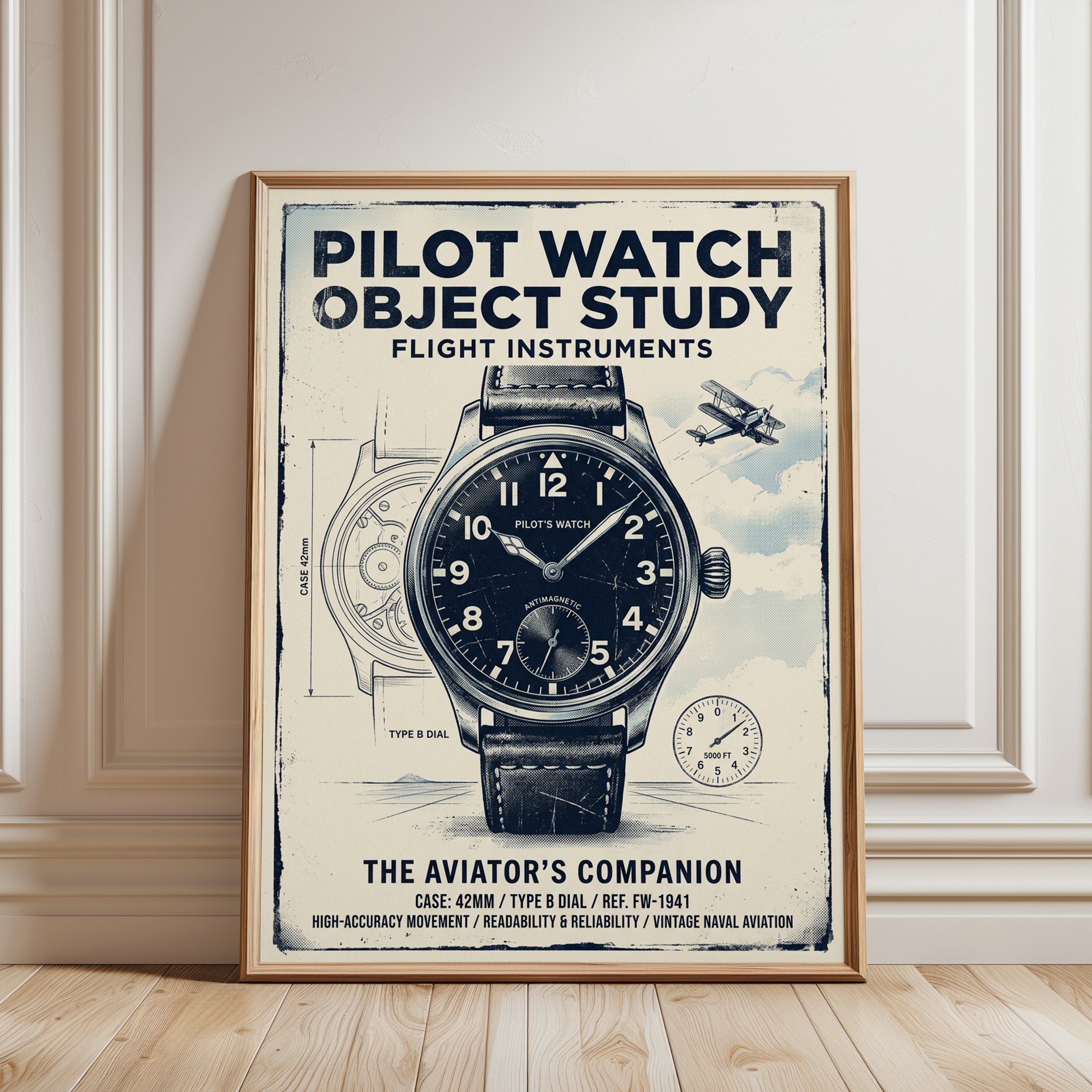 Pilot Watch Object Study Poster: Vintage Aviation Blueprint Art - framed detail