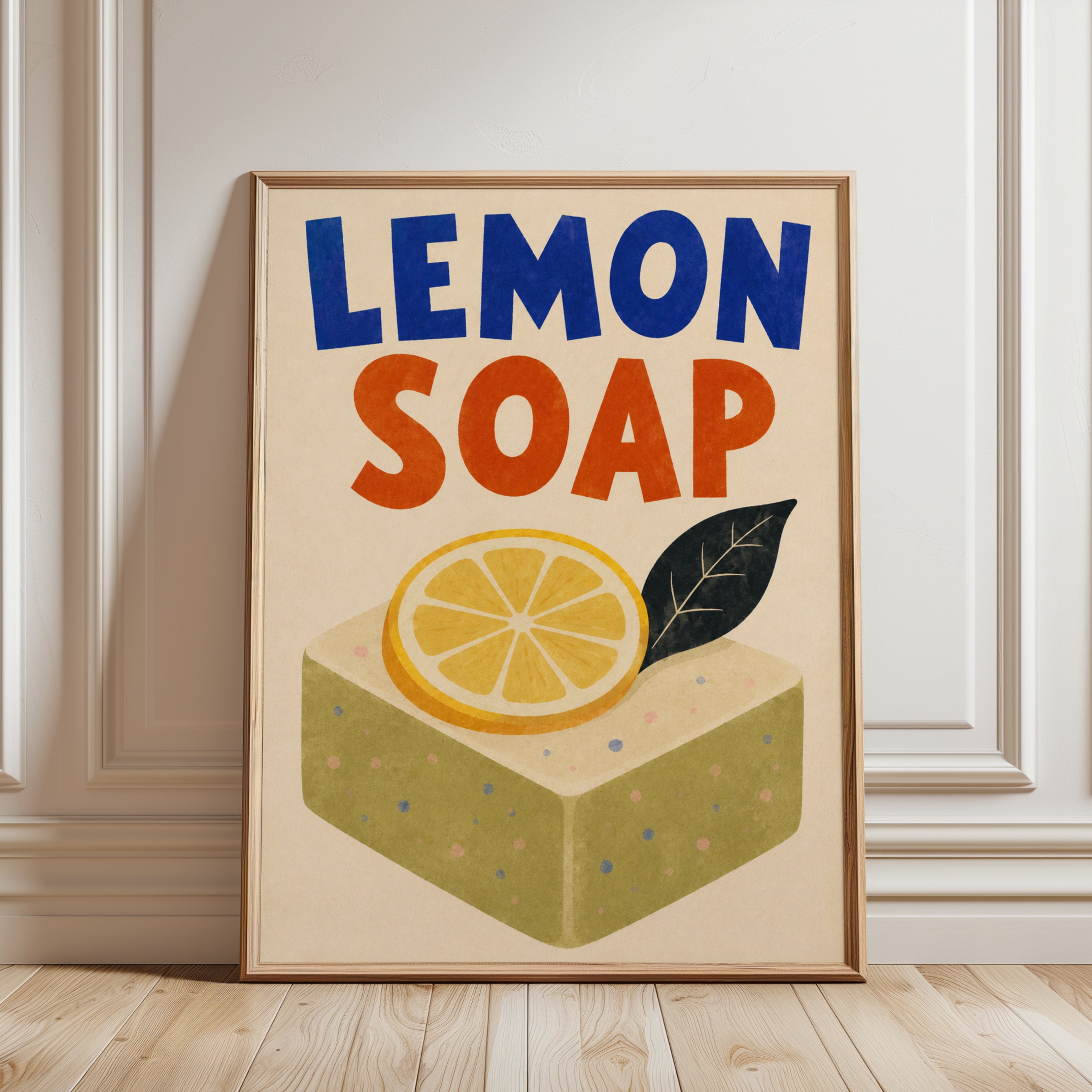 Lemon Soap Poster – Retro Kitchen Wall Art - framed detail