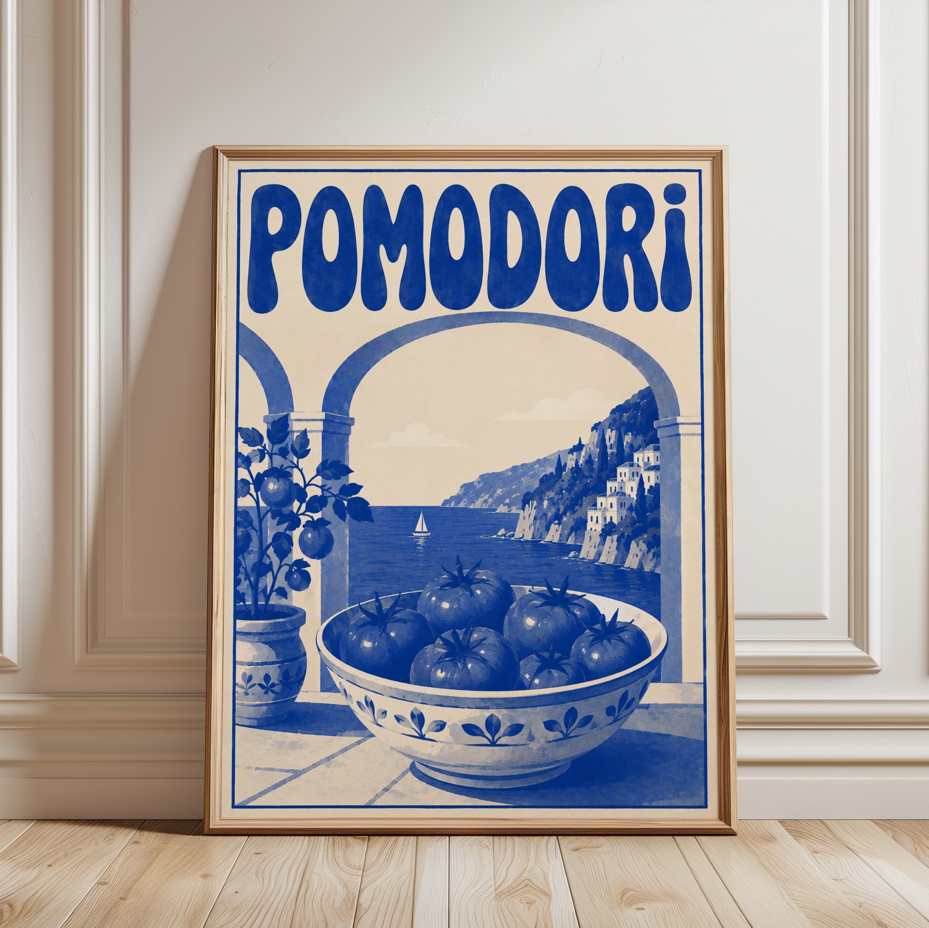 Pomodori Vintage Travel Poster: Italian Coastal Art in Blue & Cream - framed detail