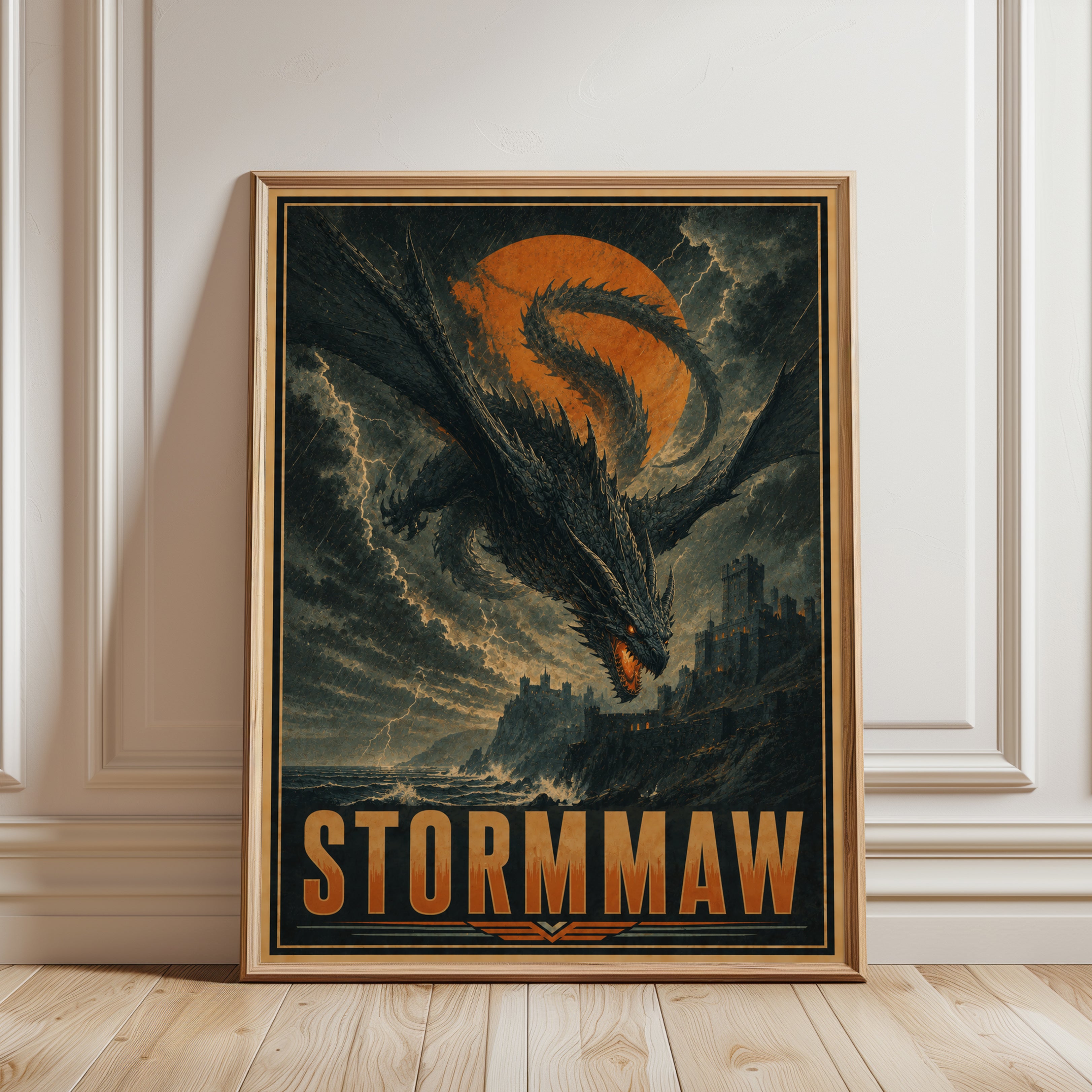Storm Dragon Art Print: Dark Fantasy Illustration - framed detail