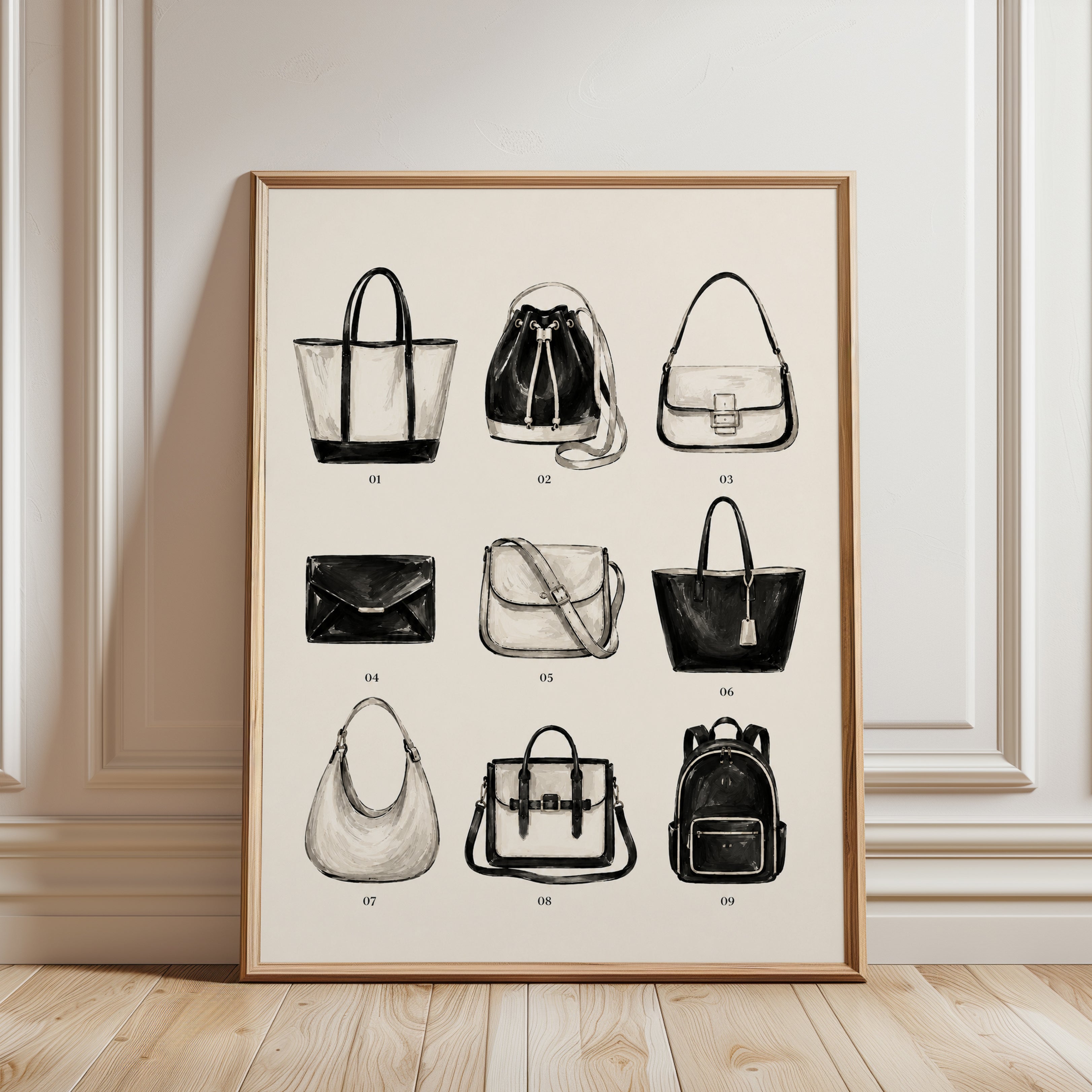 Fashion Handbag Collection Art Print: Black and White Study - framed detail