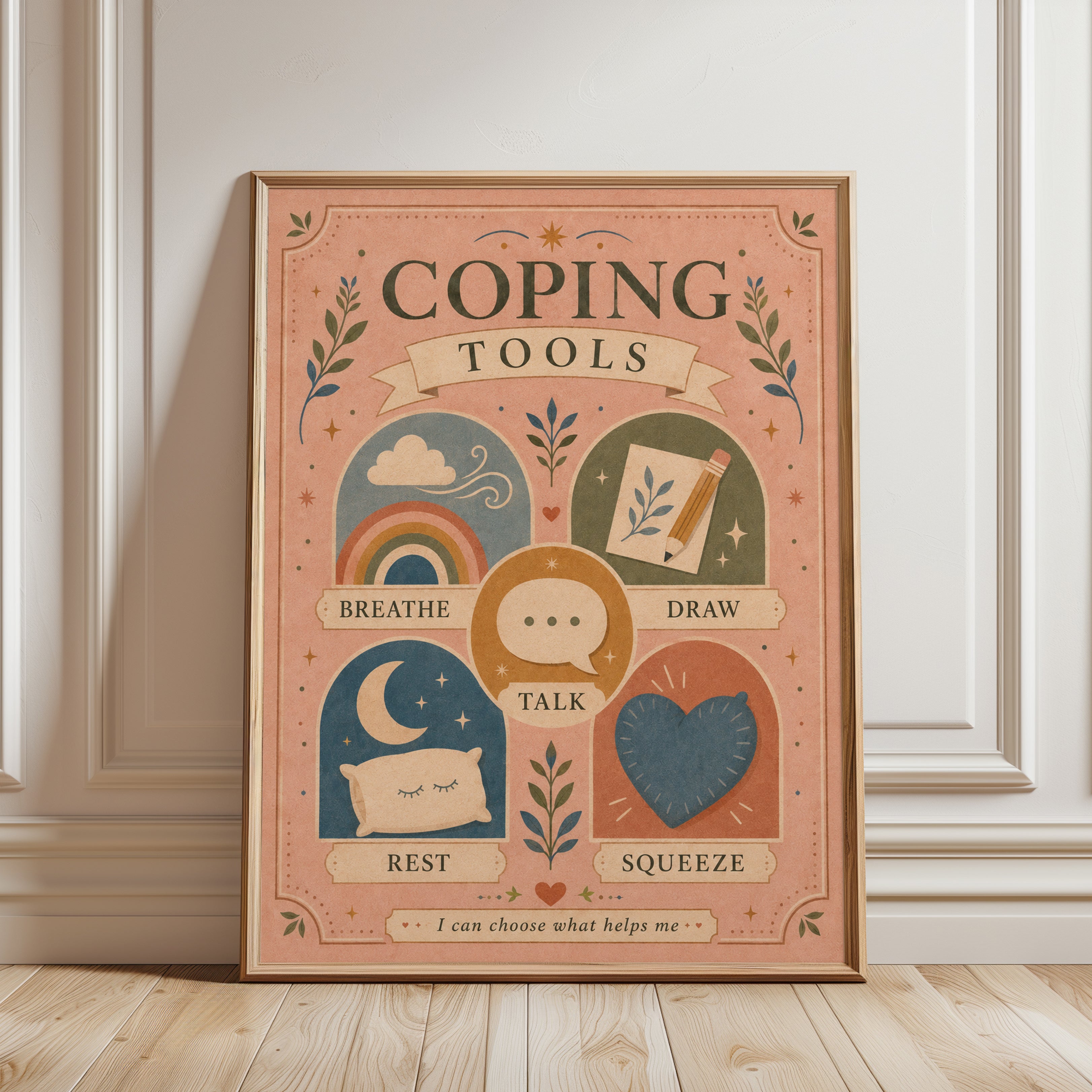 Coping Skills Poster – Mental Health Wall Art - framed detail