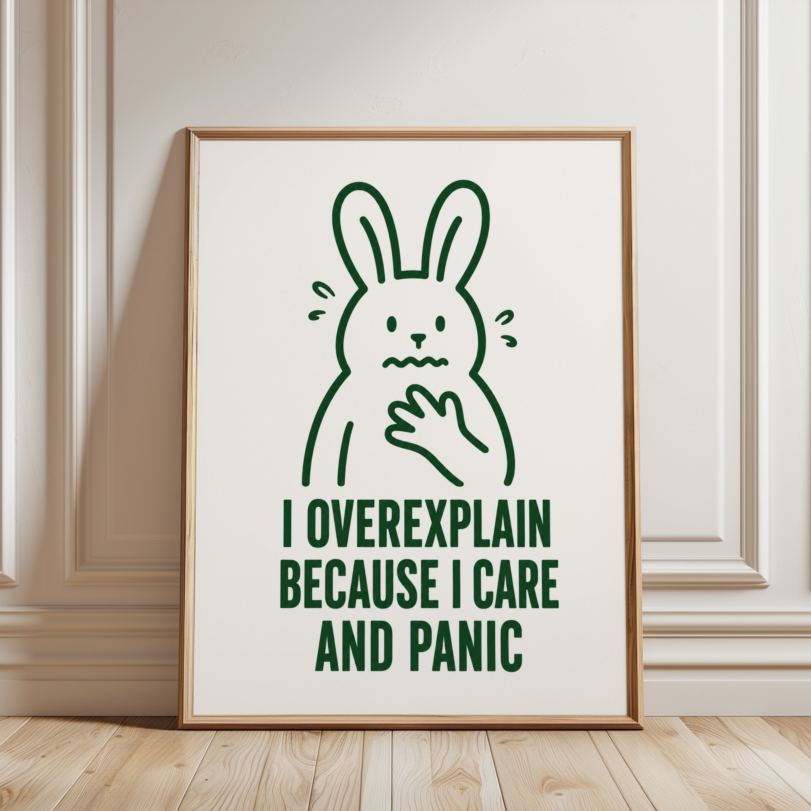 Anxiety Bunny Art Print: Funny Mental Health Quote - framed detail