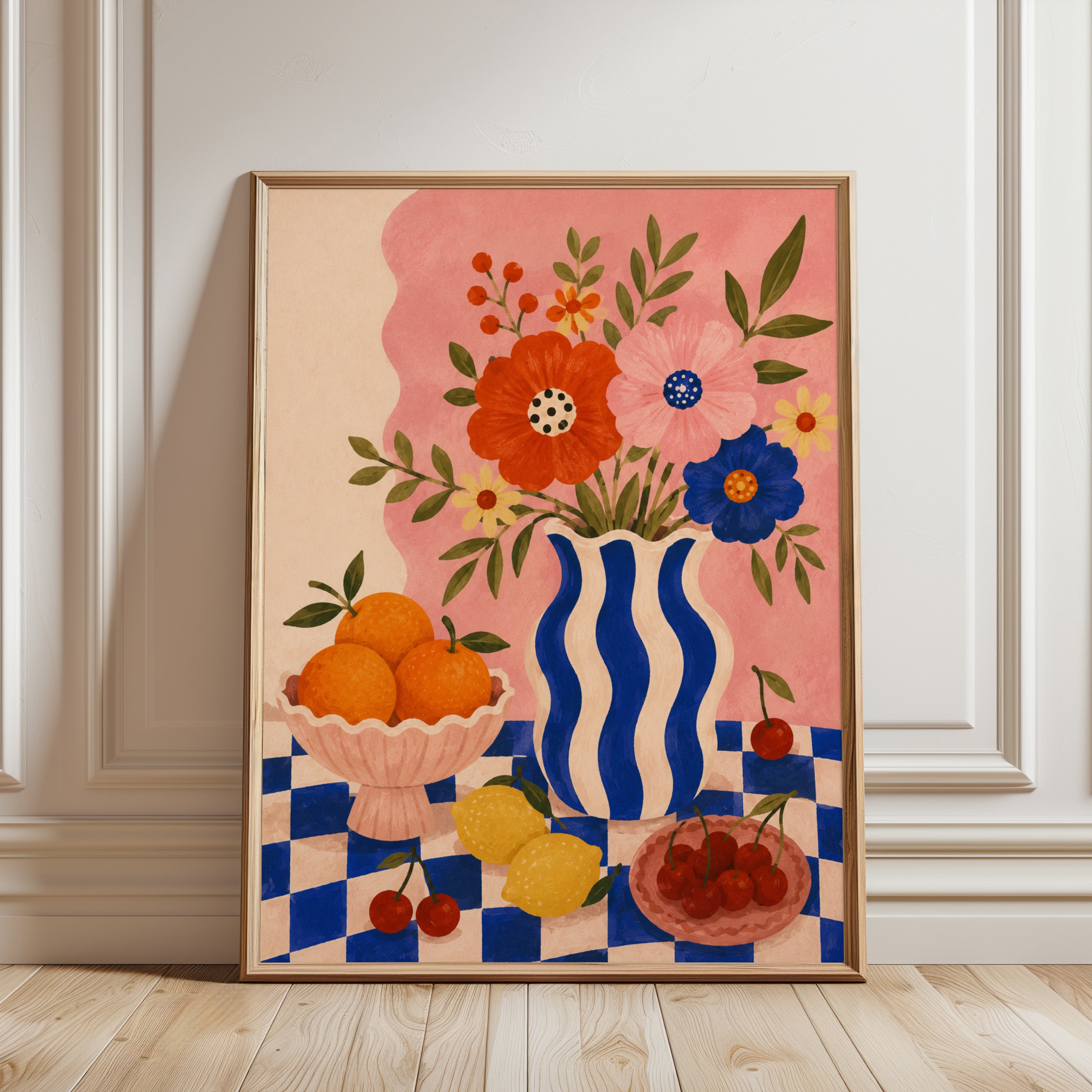 Folk Art Still Life Print – Floral Vase - framed detail