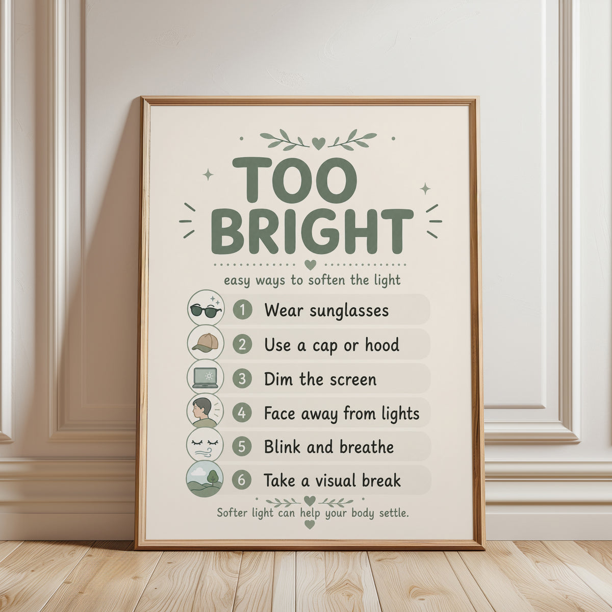 Sensory Wall Art Print – Light Sensitivity Tips - framed detail