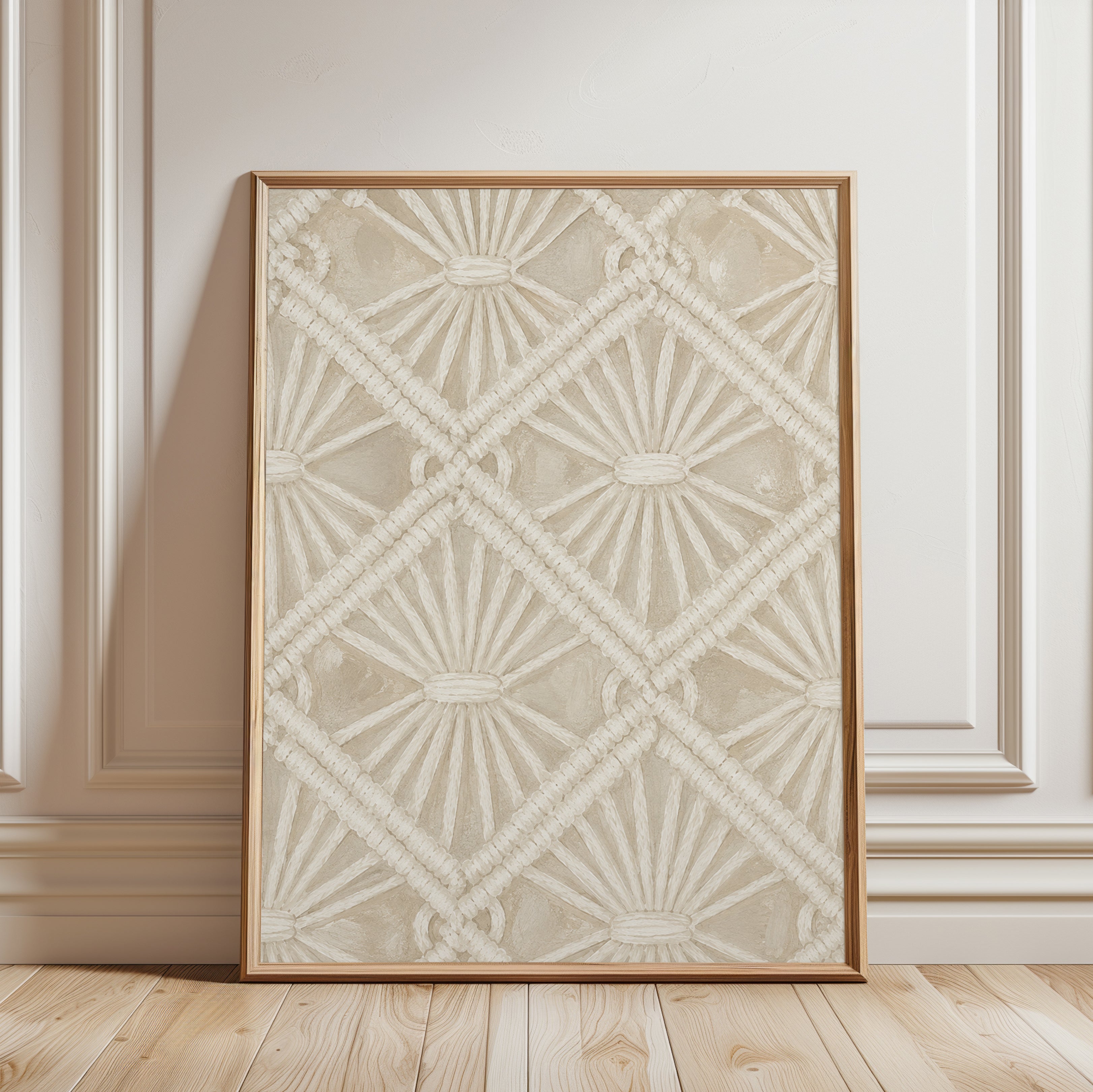 Macrame Pattern Wall Art: Neutral Boho Textile Design - framed detail