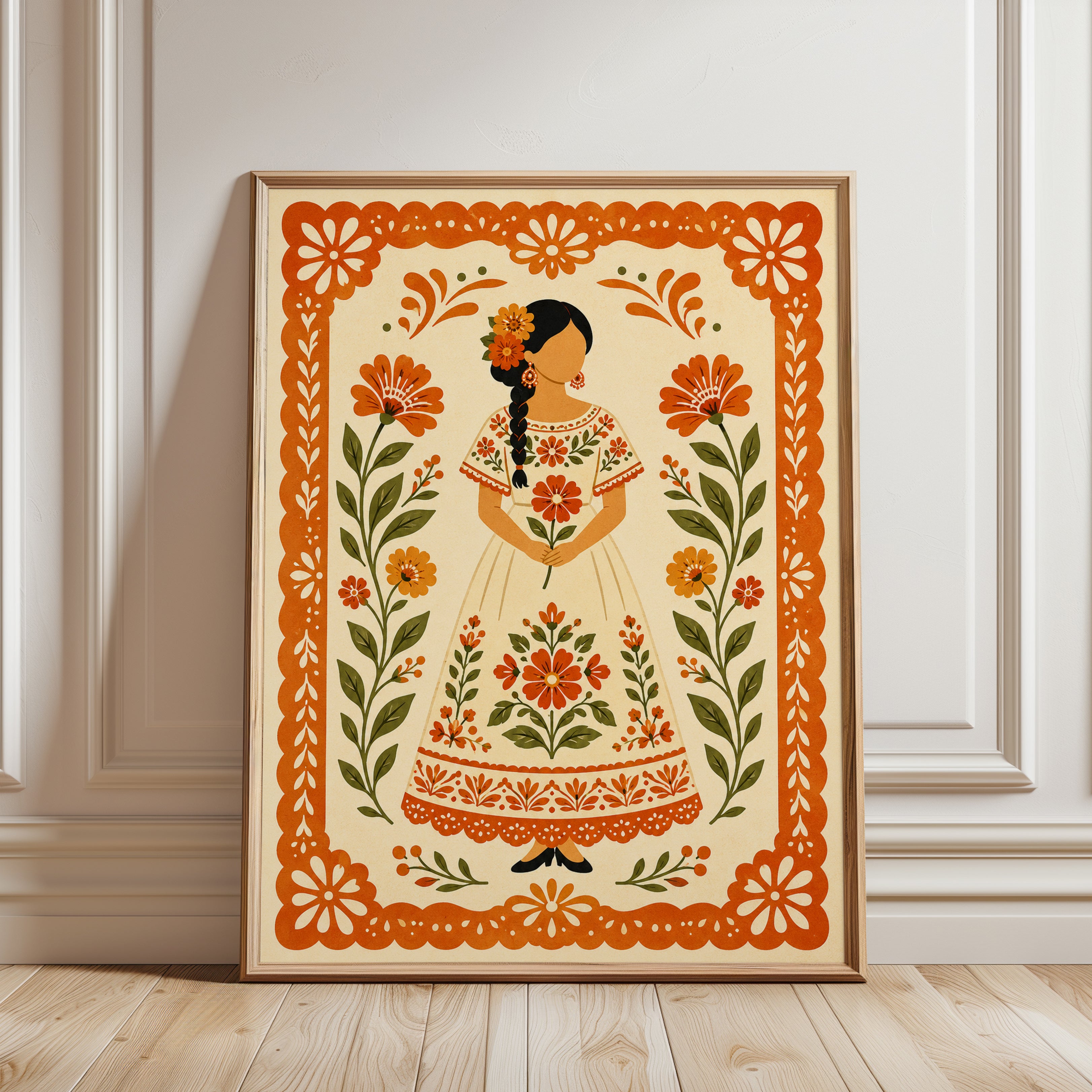 Mexican Folk Art Woman: Orange Floral Embroidered Dress Print - framed detail