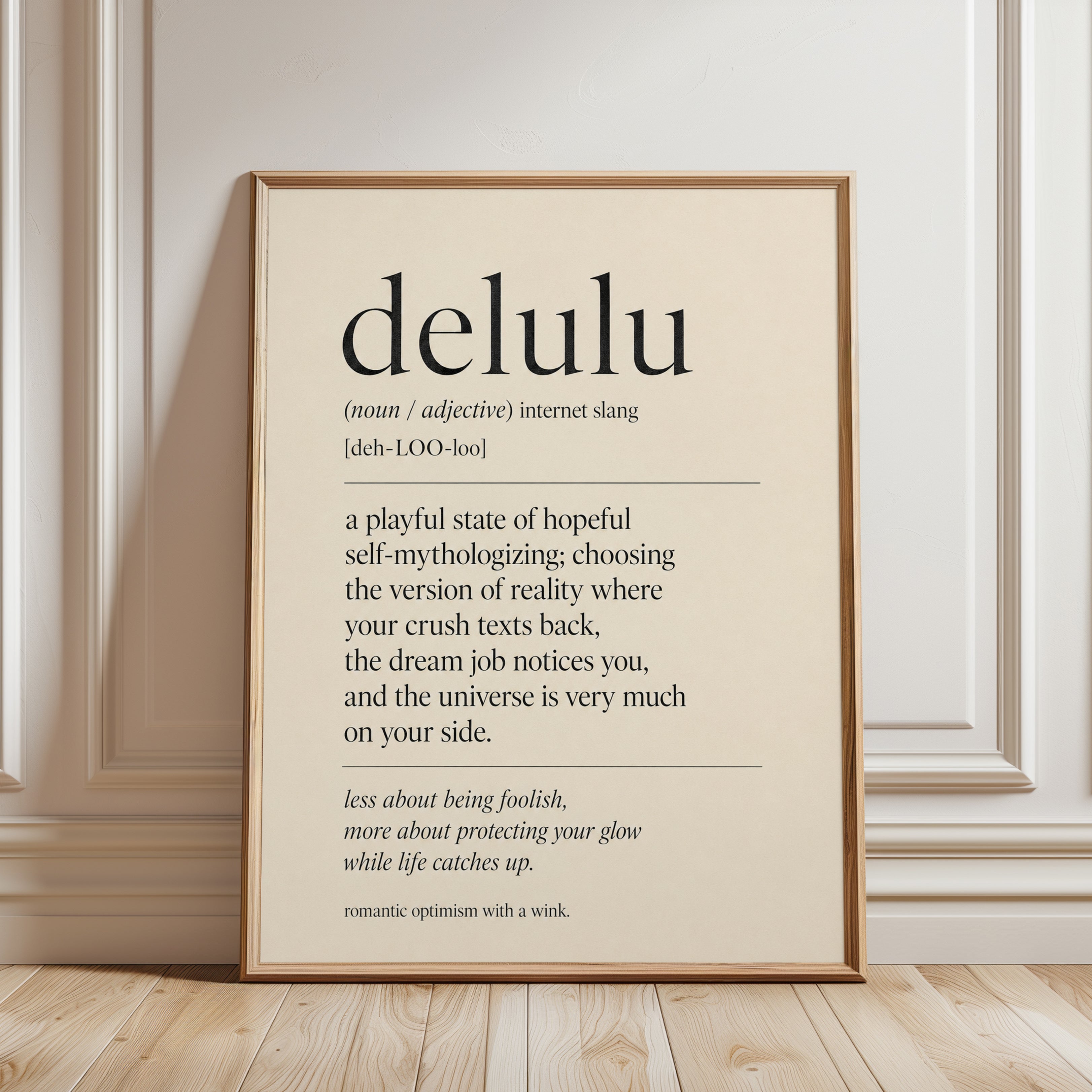 Delulu Definition Print: Modern Typography Wall Art - framed detail