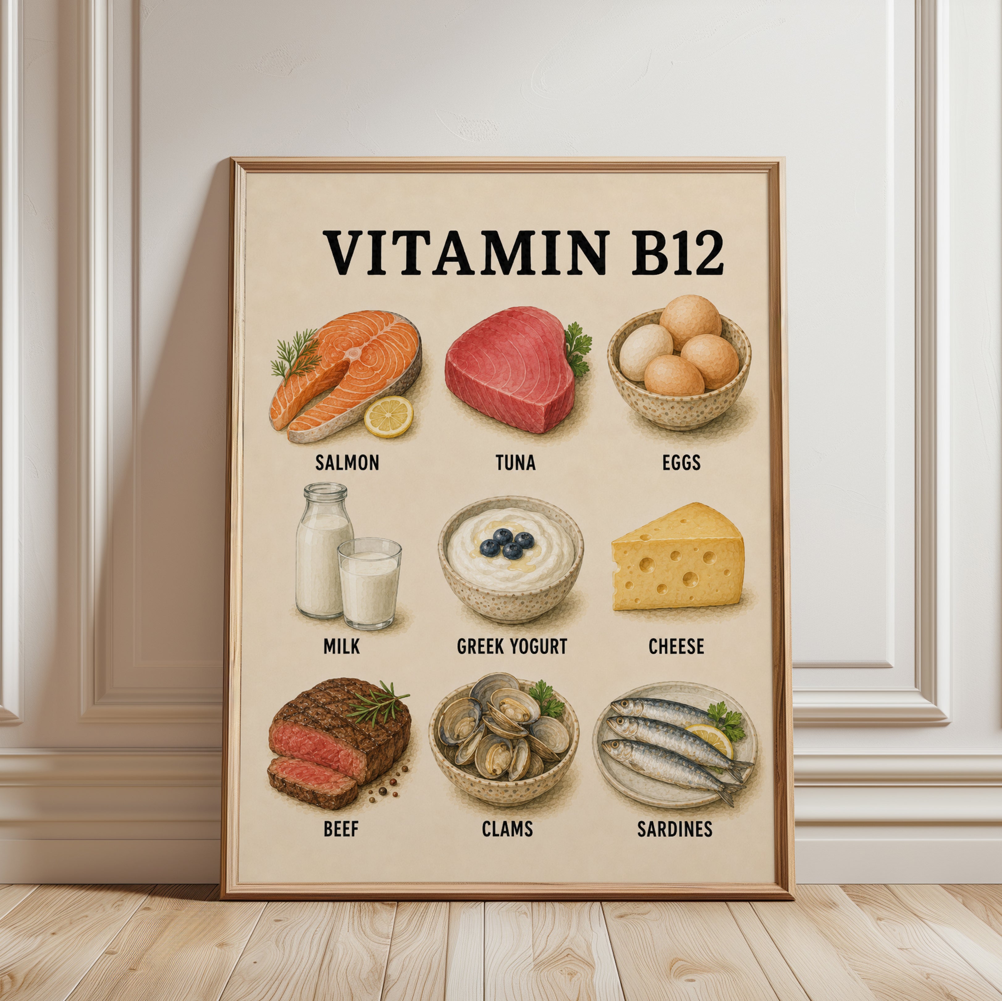 Vitamin B12 Foods Poster – Kitchen Wall Art - framed detail