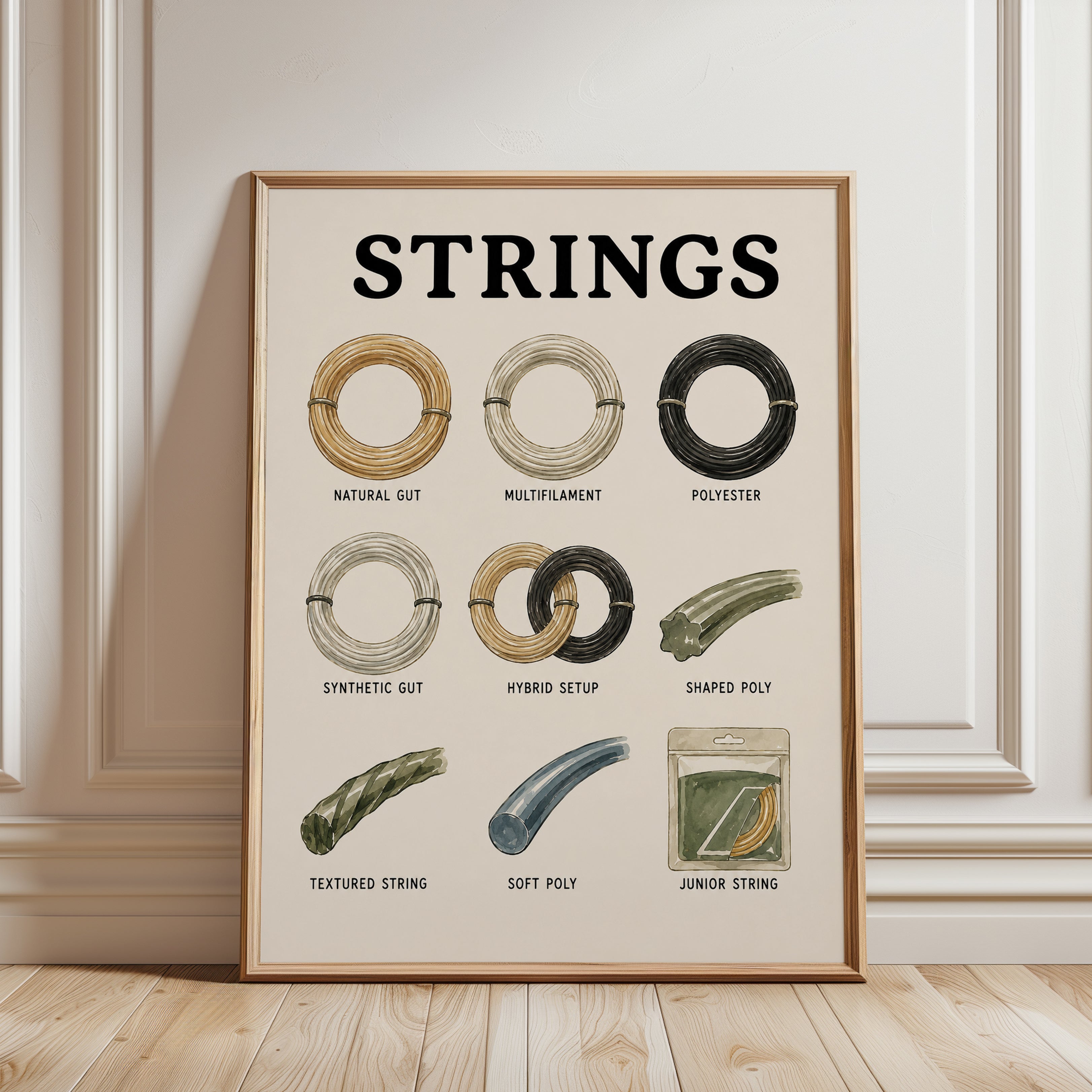 Tennis Strings Guide Poster: Vintage Educational Illustration - framed detail