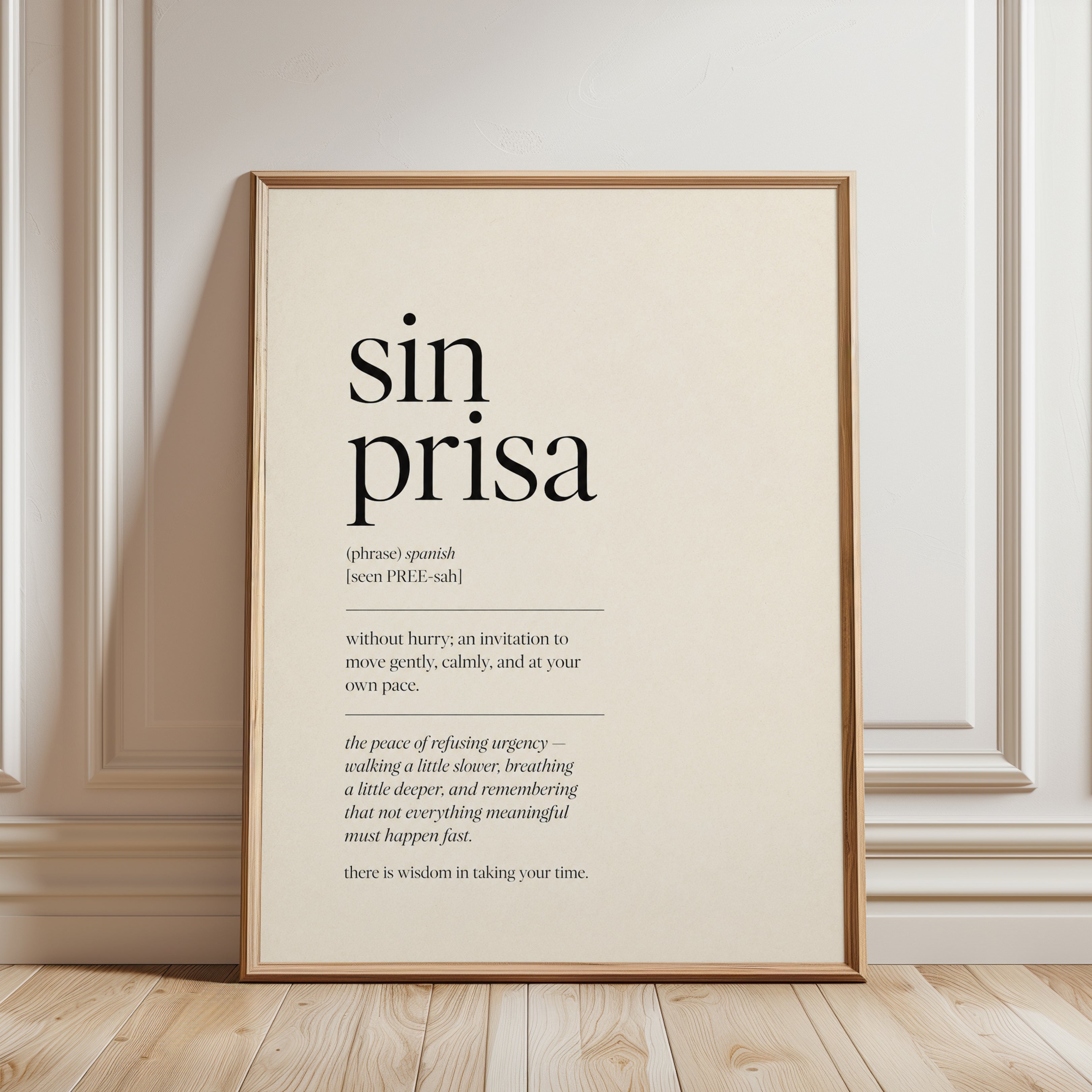 Sin Prisa Typography Print: Spanish Quote on Beige Background - framed detail